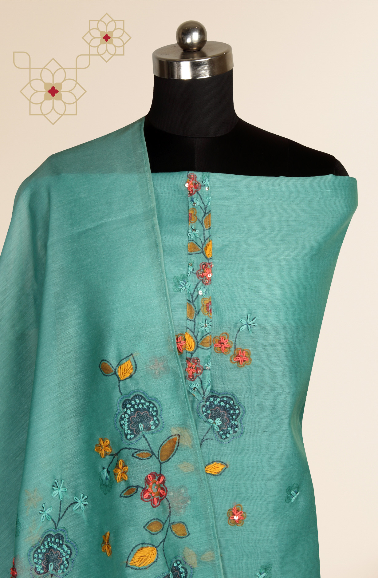 Green Chanderi Beautiful Kantha Work Salwar Suit with Dupatta - 912-RCK38060B