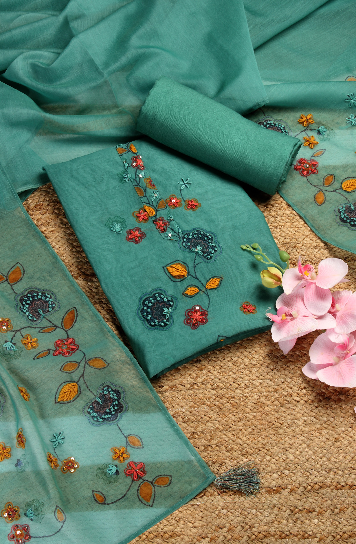 Green Chanderi Beautiful Kantha Work Salwar Suit with Dupatta - 912-RCK38060B