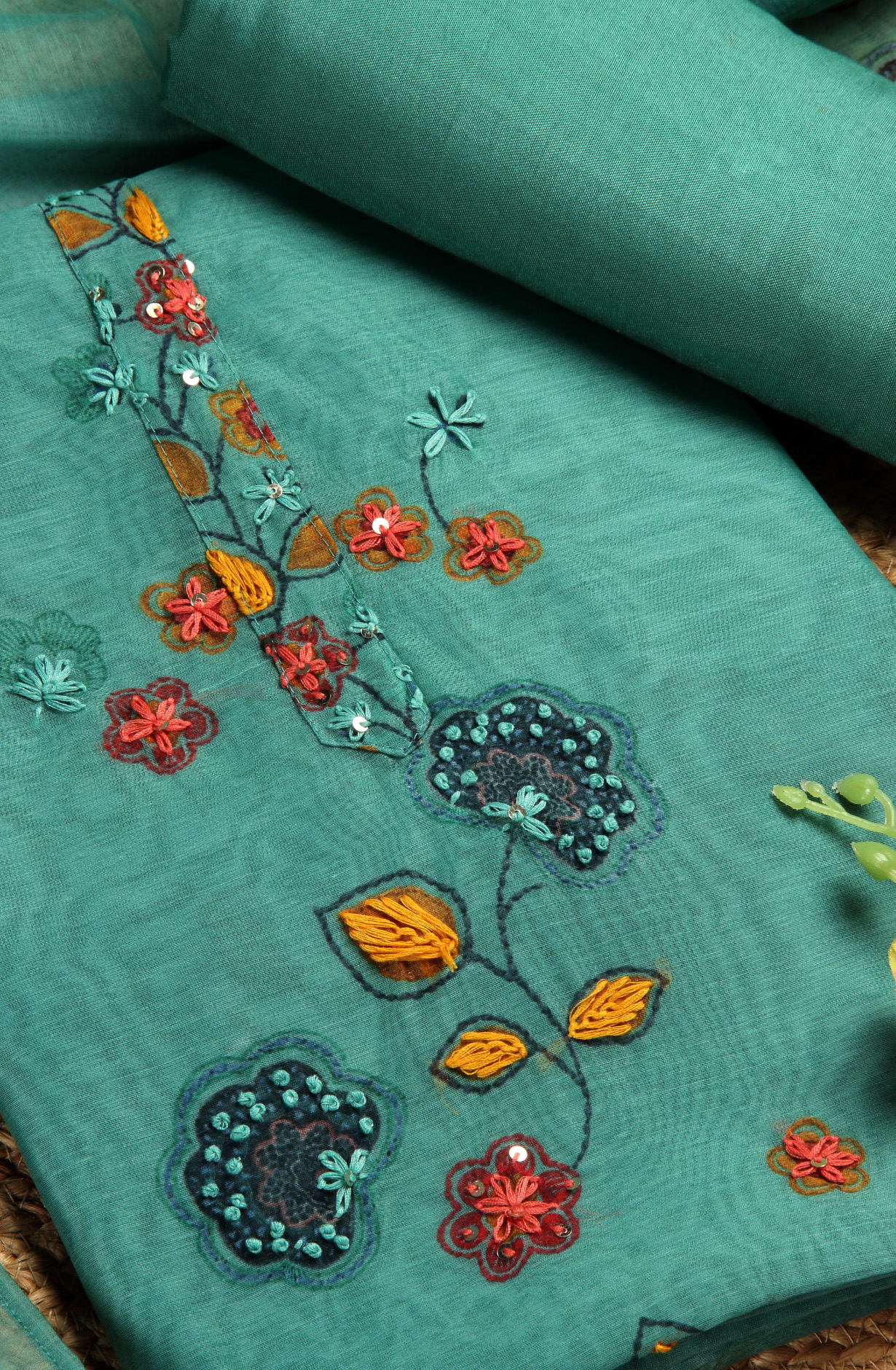 Green Chanderi Beautiful Kantha Work Salwar Suit with Dupatta - 912-RCK38060B