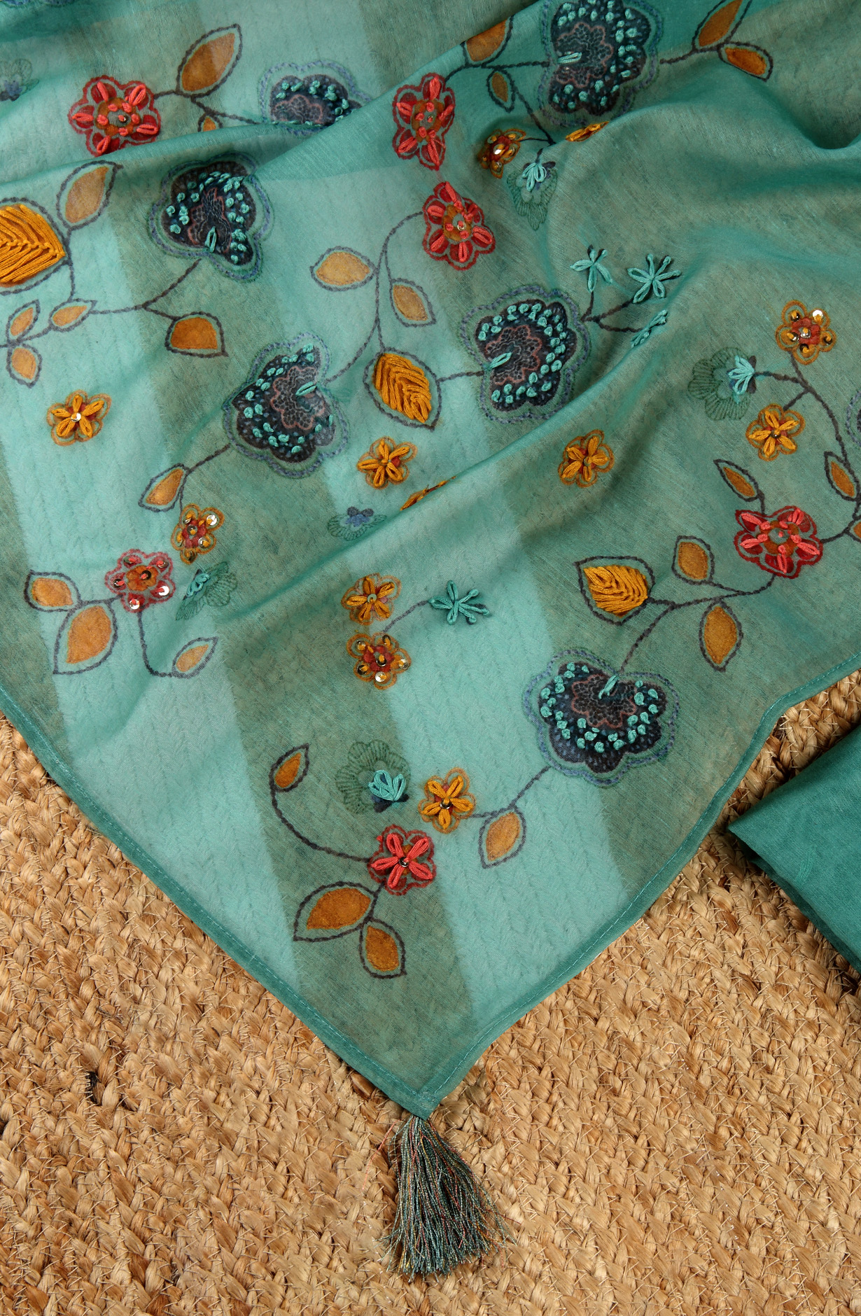 Green Chanderi Beautiful Kantha Work Salwar Suit with Dupatta - 912-RCK38060B