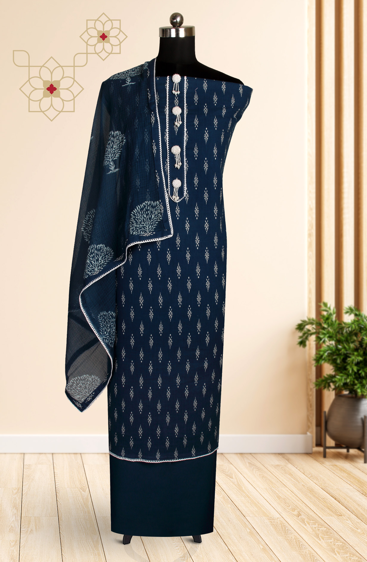 Blue Cotton Lace Work Unstitched Salwar Kameez Dupatta - 912-RRJ25049