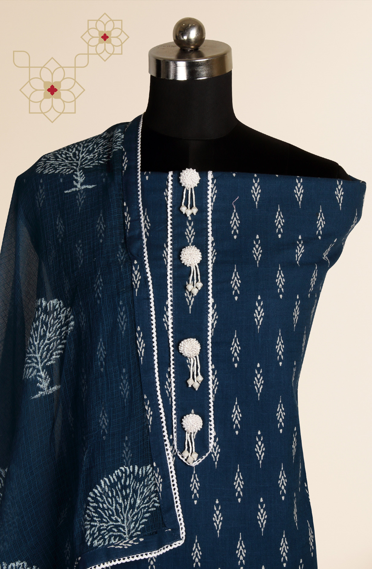 Blue Cotton Lace Work Unstitched Salwar Kameez Dupatta - 912-RRJ25049