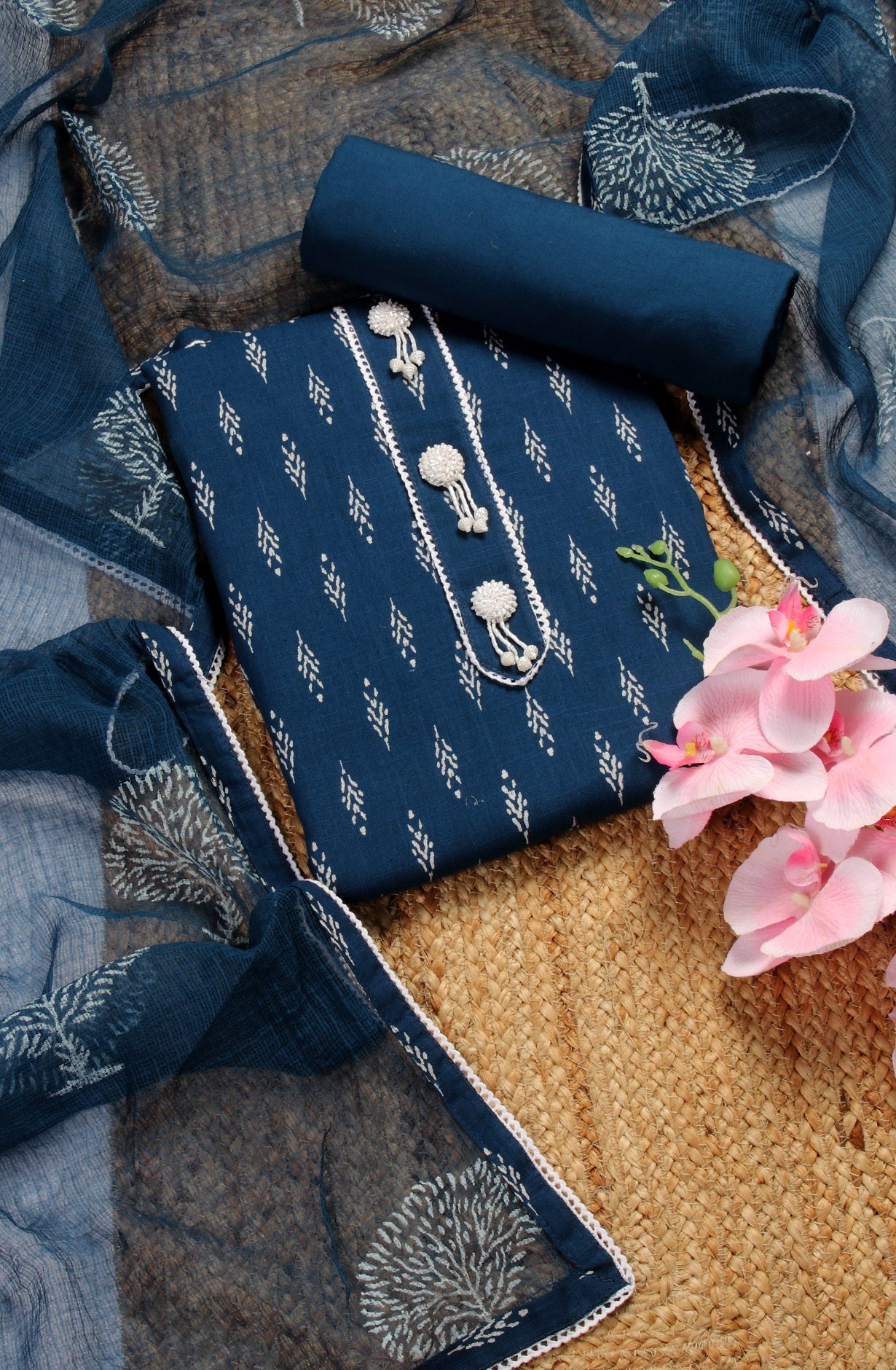 Blue Cotton Lace Work Unstitched Salwar Kameez Dupatta - 912-RRJ25049