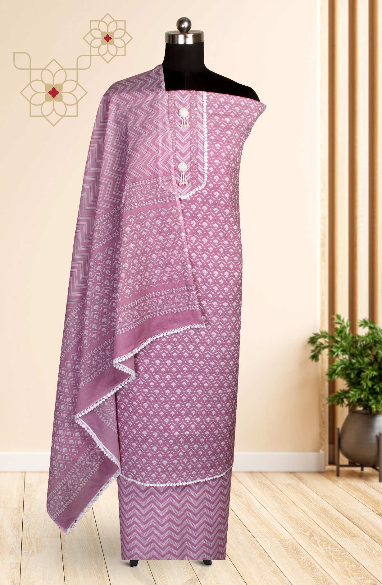 Purple Cotton Printed Lace work Salwar Suit with Dupatta - 912-RT09802