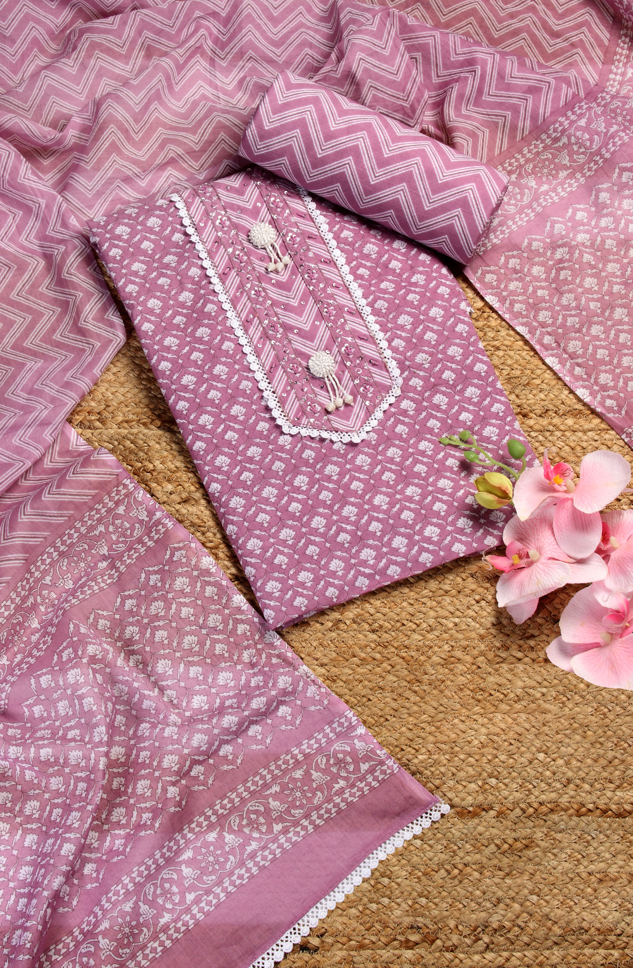 Purple Cotton Printed Lace work Salwar Suit with Dupatta - 912-RT09802