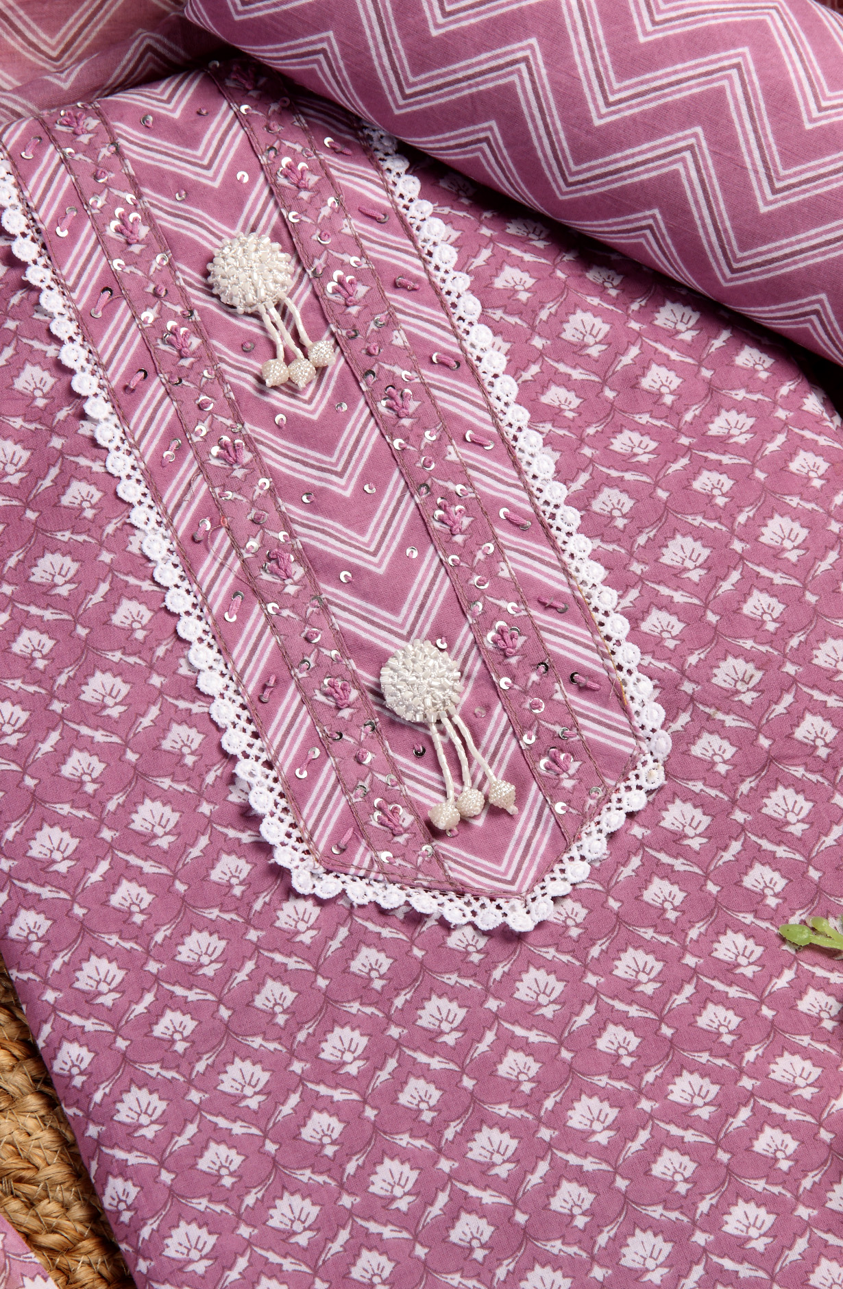 Purple Cotton Printed Lace work Salwar Suit with Dupatta - 912-RT09802