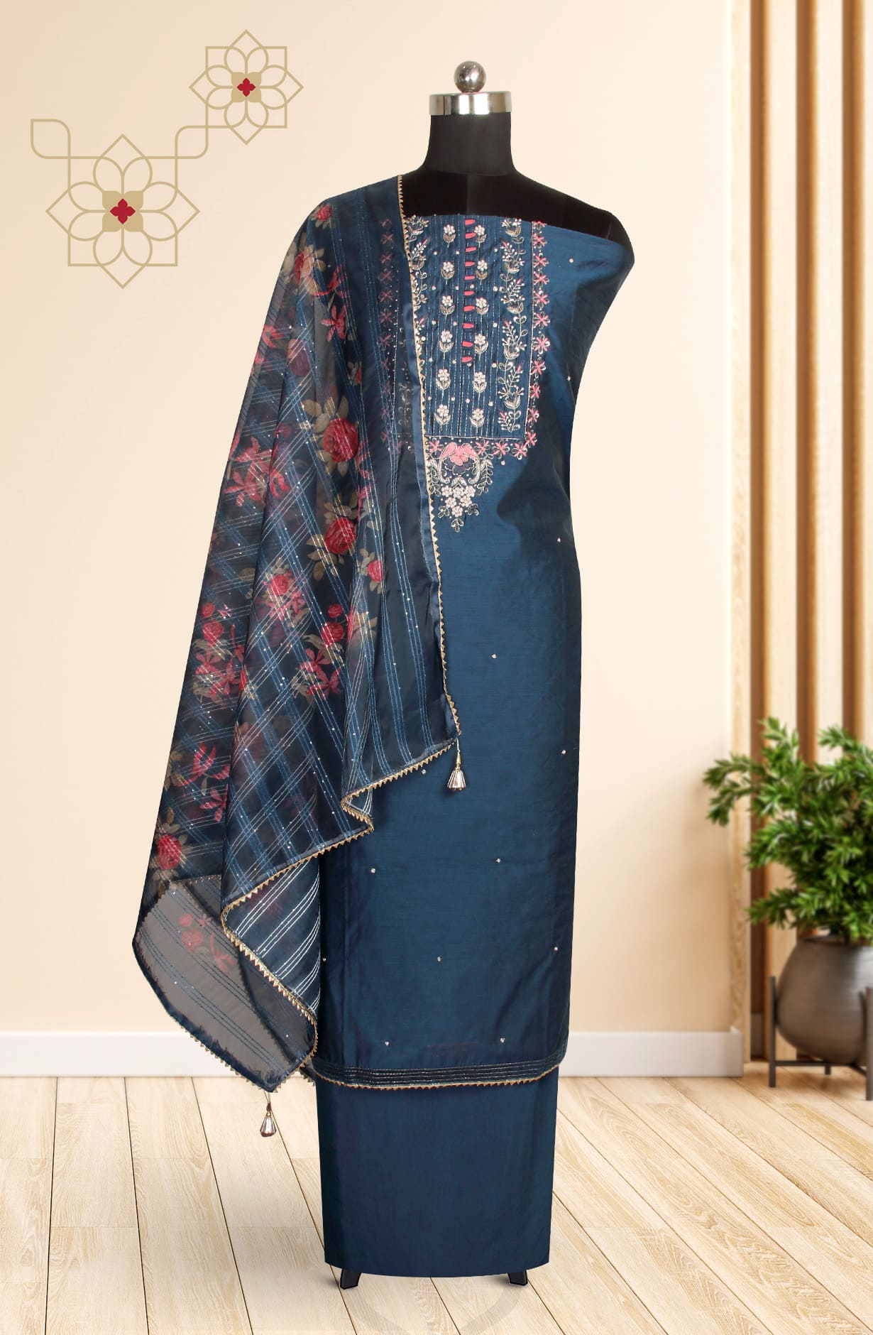 Teal Chanderi Unstitched Salwar Kameez Suit-set - 912-SAC07858