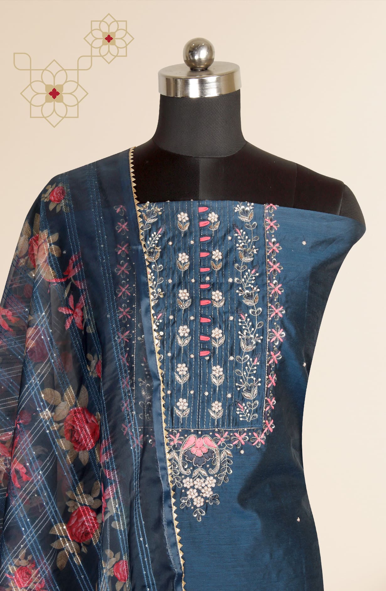 Teal Chanderi Unstitched Salwar Kameez Suit-set - 912-SAC07858