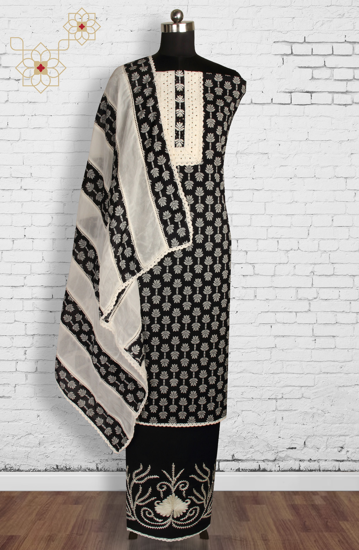 Black Cotton Unstitched Lacework Pakistani Suit-set - 912-SHIV23005