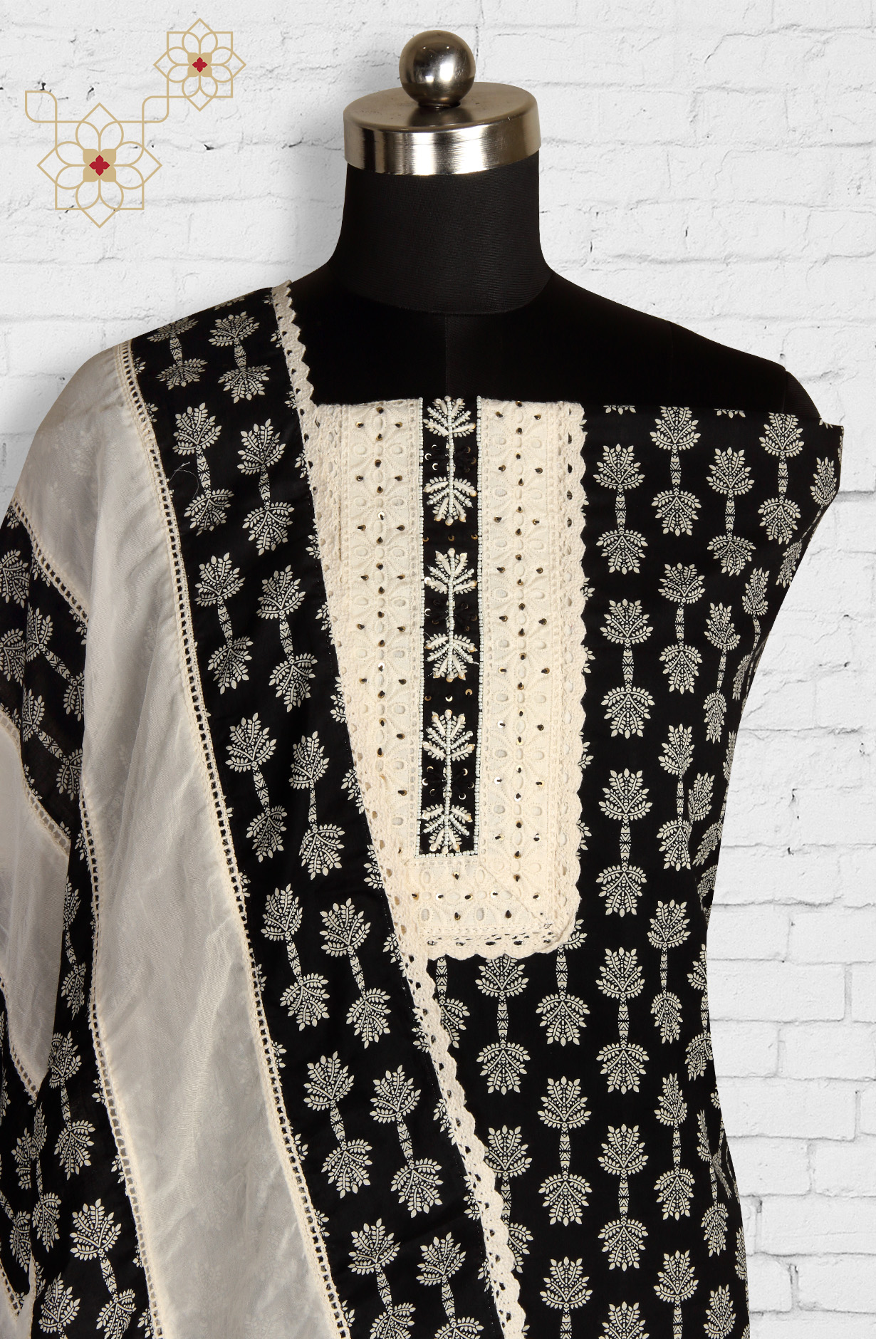 Black Cotton Unstitched Lacework Pakistani Suit-set - 912-SHIV23005