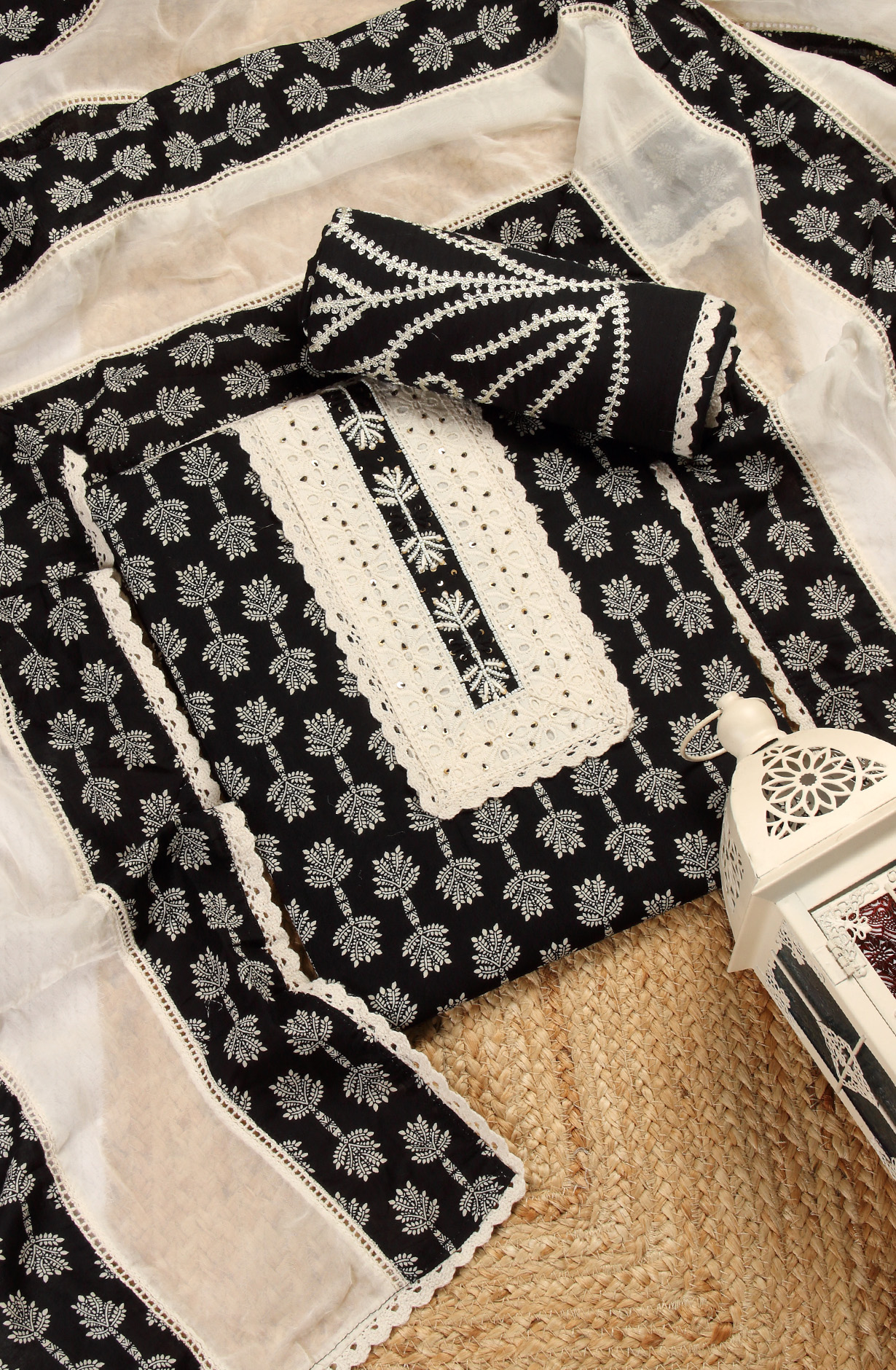 Black Cotton Unstitched Lacework Pakistani Suit-set - 912-SHIV23005