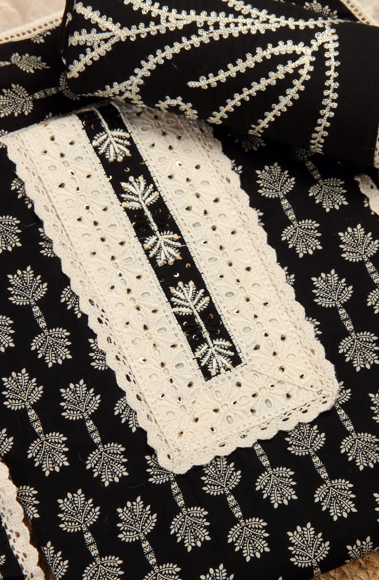 Black Cotton Unstitched Lacework Pakistani Suit-set - 912-SHIV23005