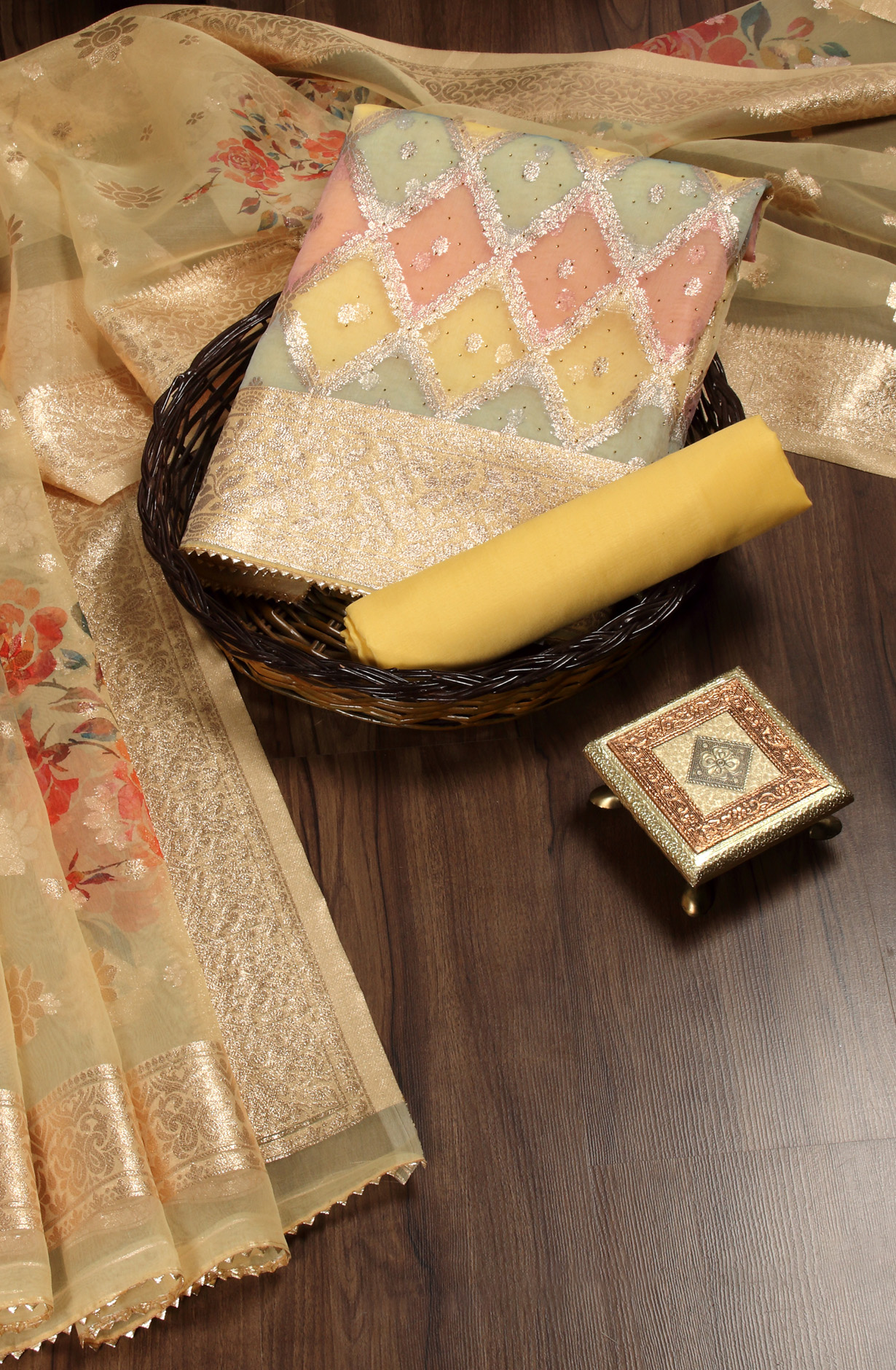 Yellow Festive Wear Banarasi Salwar Kameez Dupatta - 912-SSMS76024