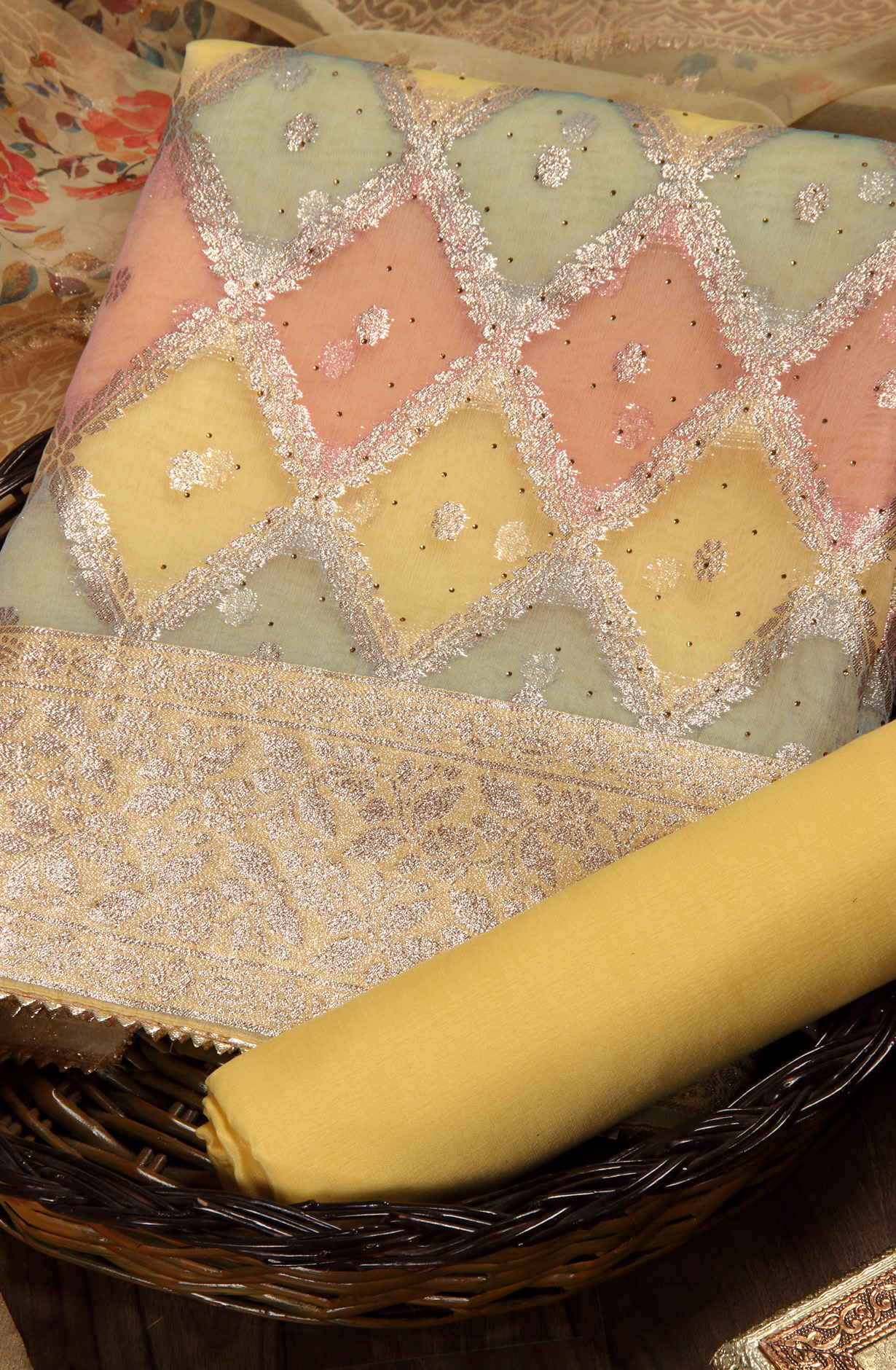 Yellow Festive Wear Banarasi Salwar Kameez Dupatta - 912-SSMS76024