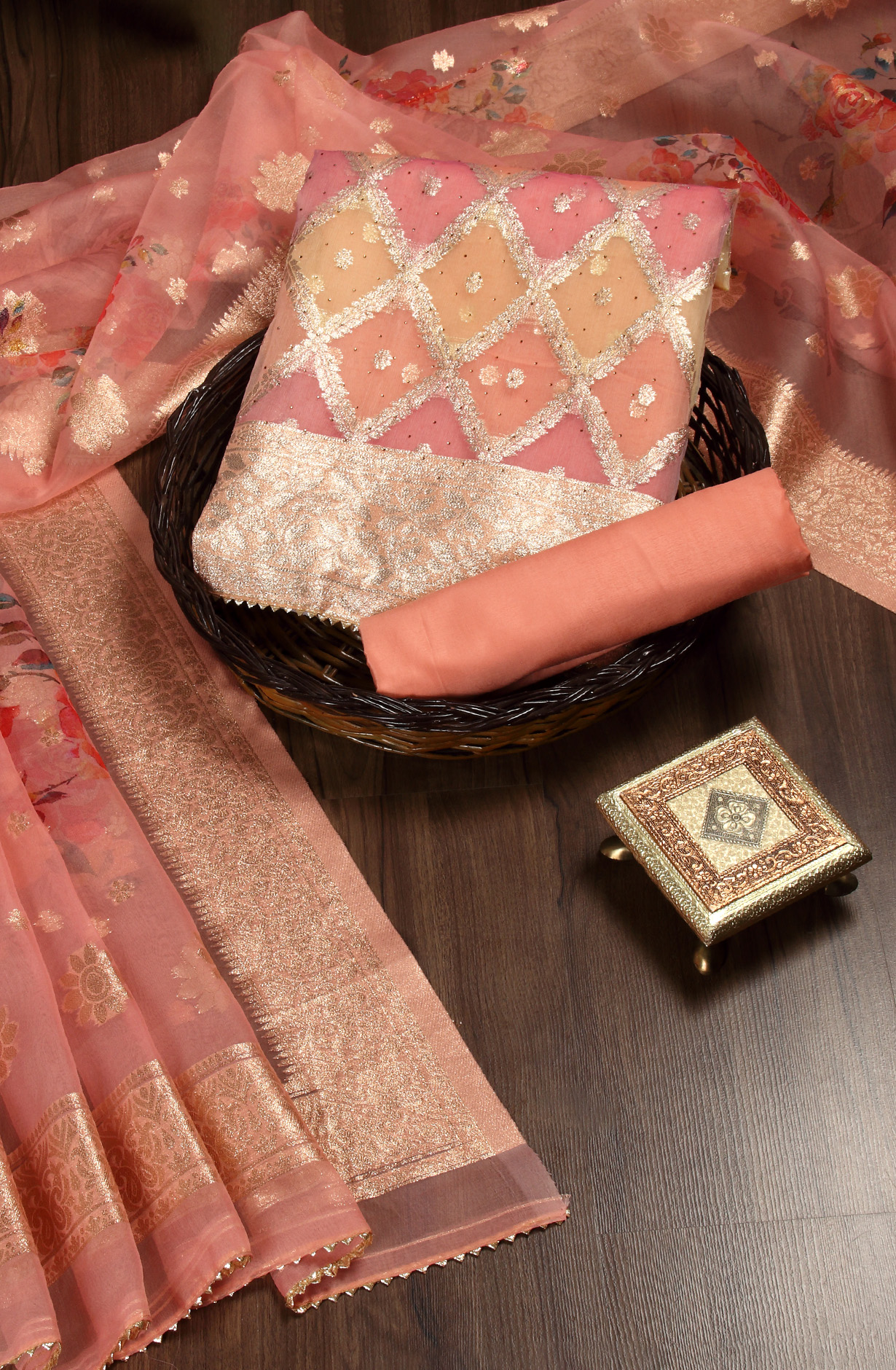 Peach Festive Wear Banarasi Salwar Kameez Dupatta - 912-SSMS76024A