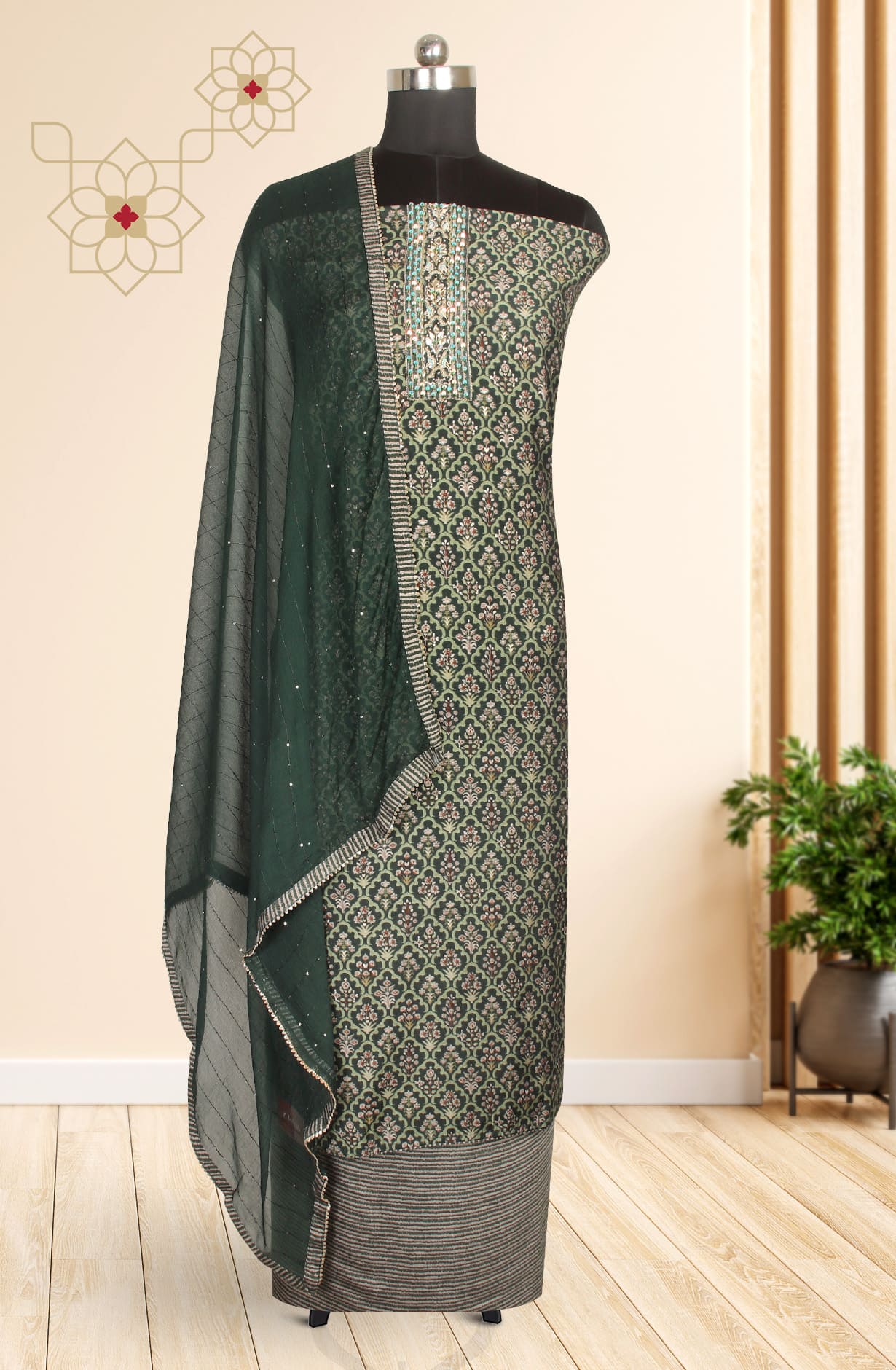Bottle Green Modal Silk Unstitched Suit with Chiffon Dupatta -912-YRT09716A