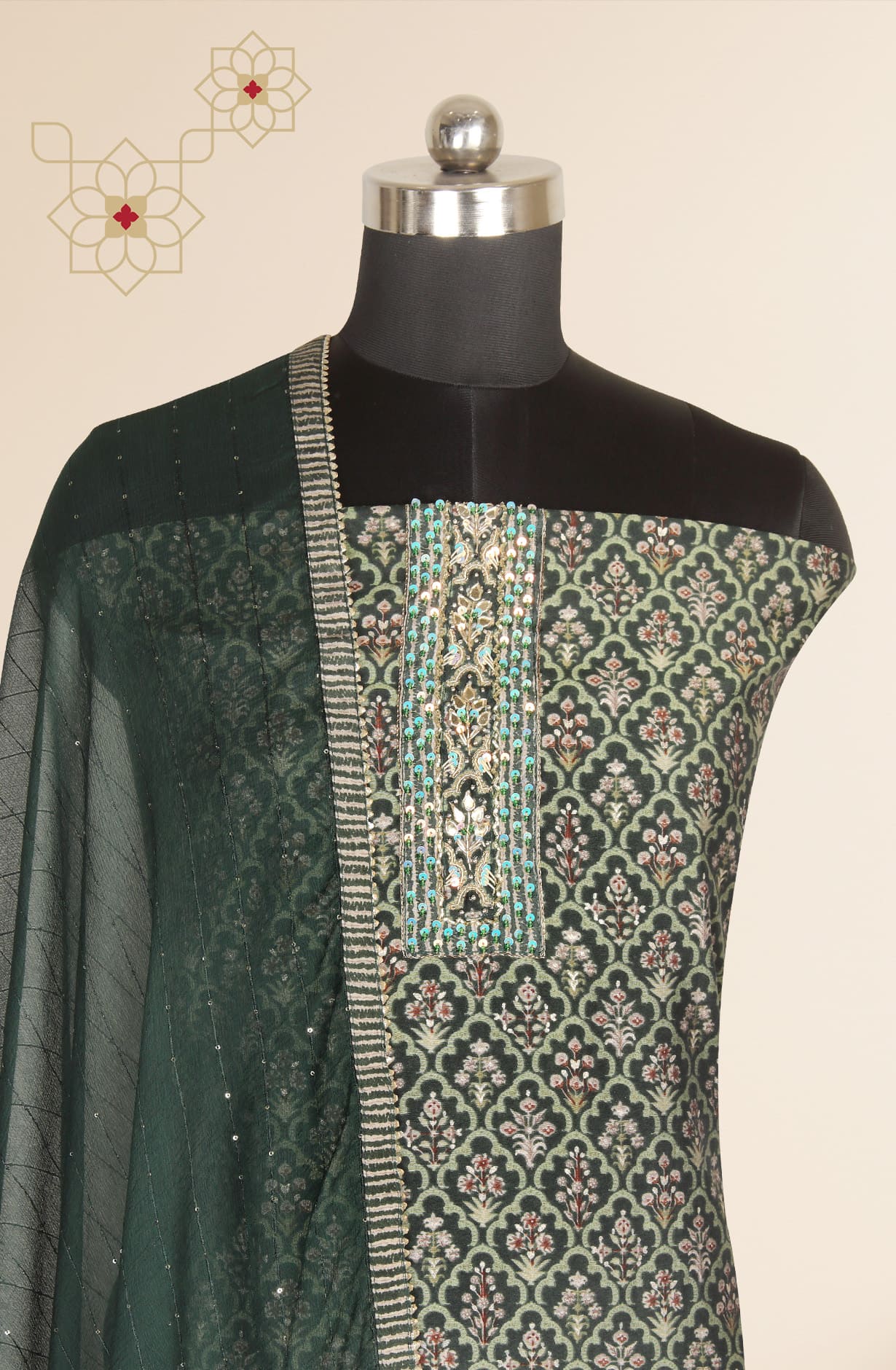 Bottle Green Modal Silk Unstitched Suit with Chiffon Dupatta -912-YRT09716A
