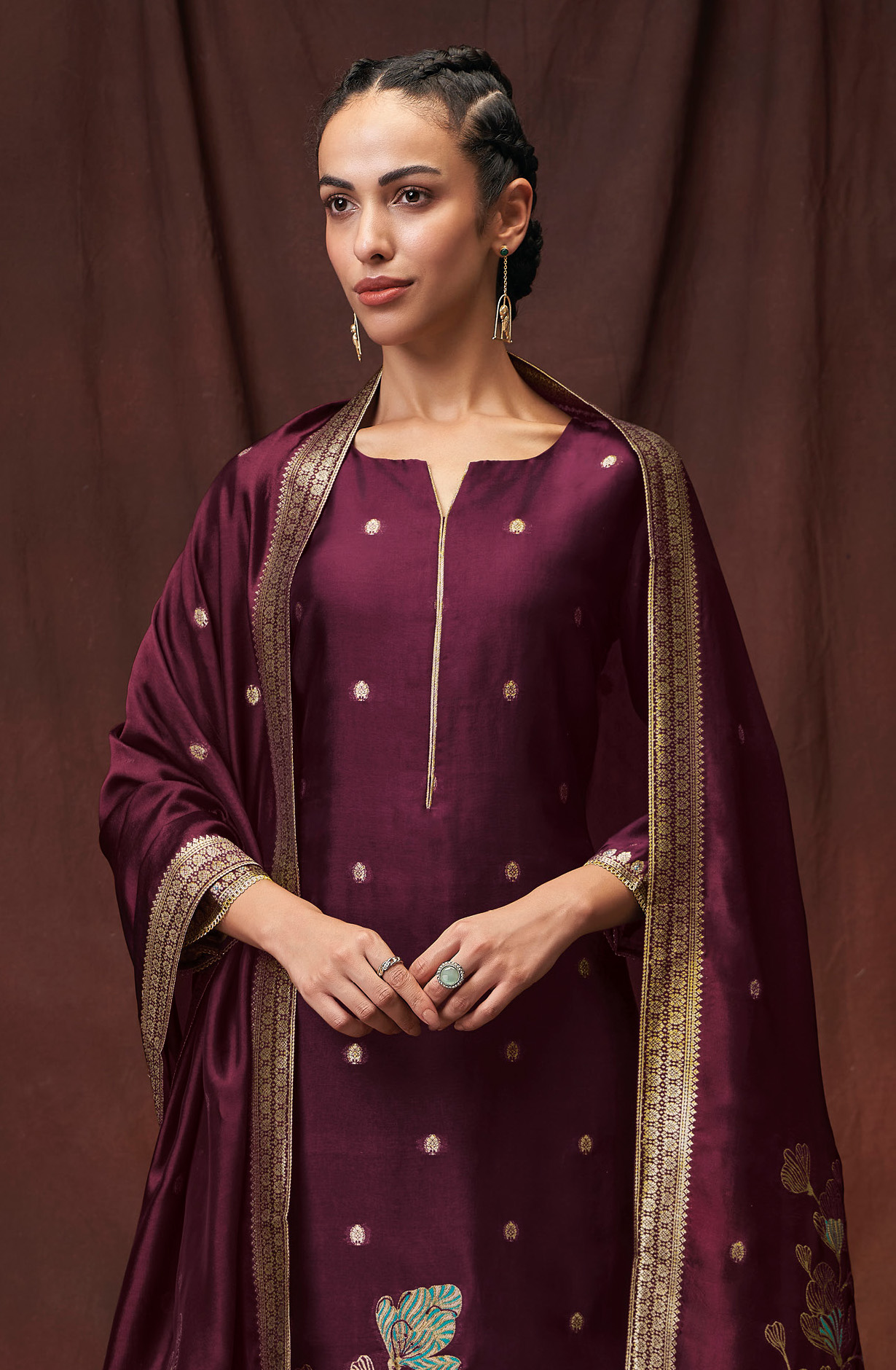 Wine Beautiful Chanderi Silk Unstitched Salwar Kameez - ABHS1796