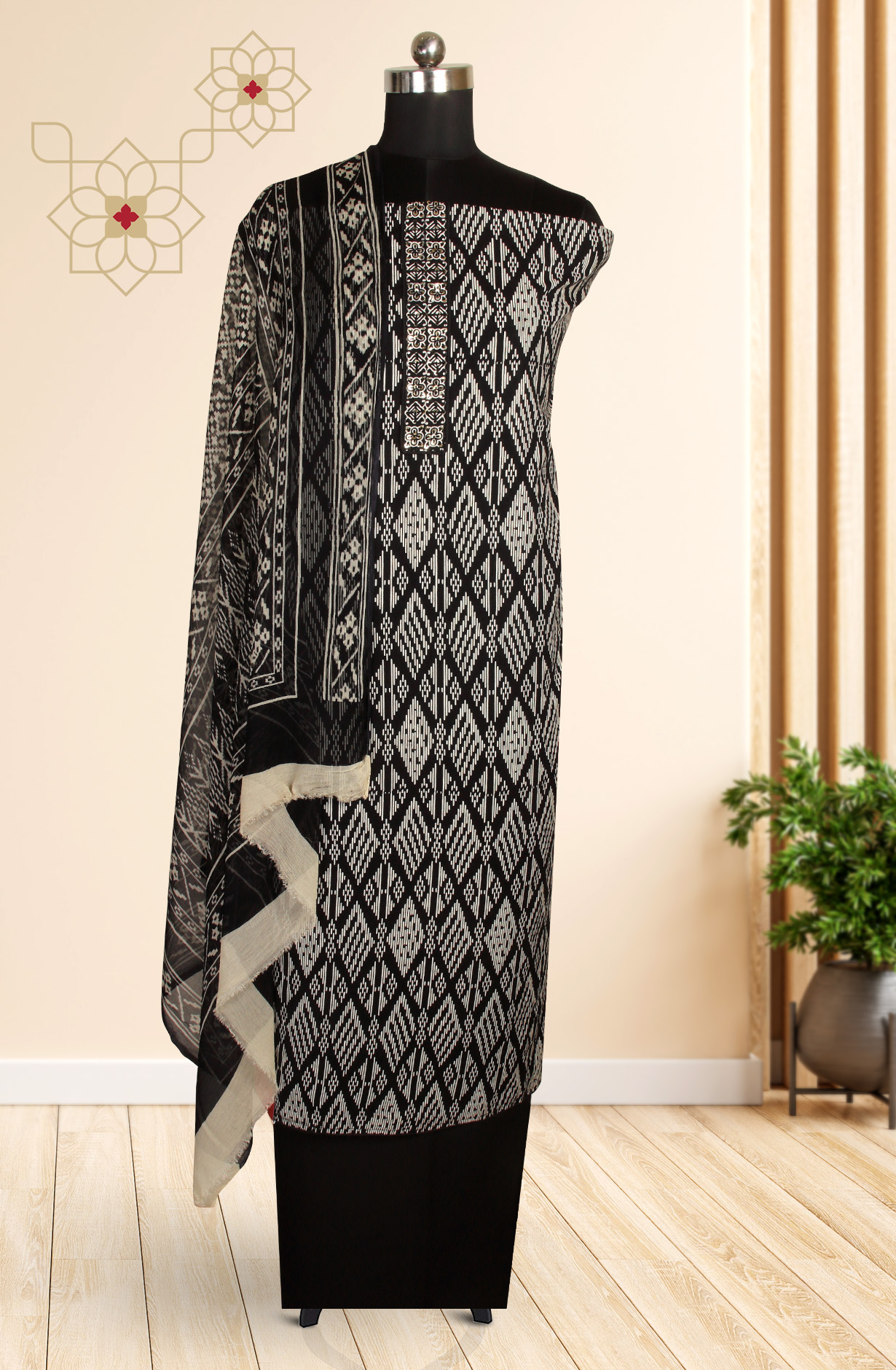 Black Cotton Printed Unstitched Salwar Kameez with Chiffon Dupatta - 927-BLACKNECK-2A