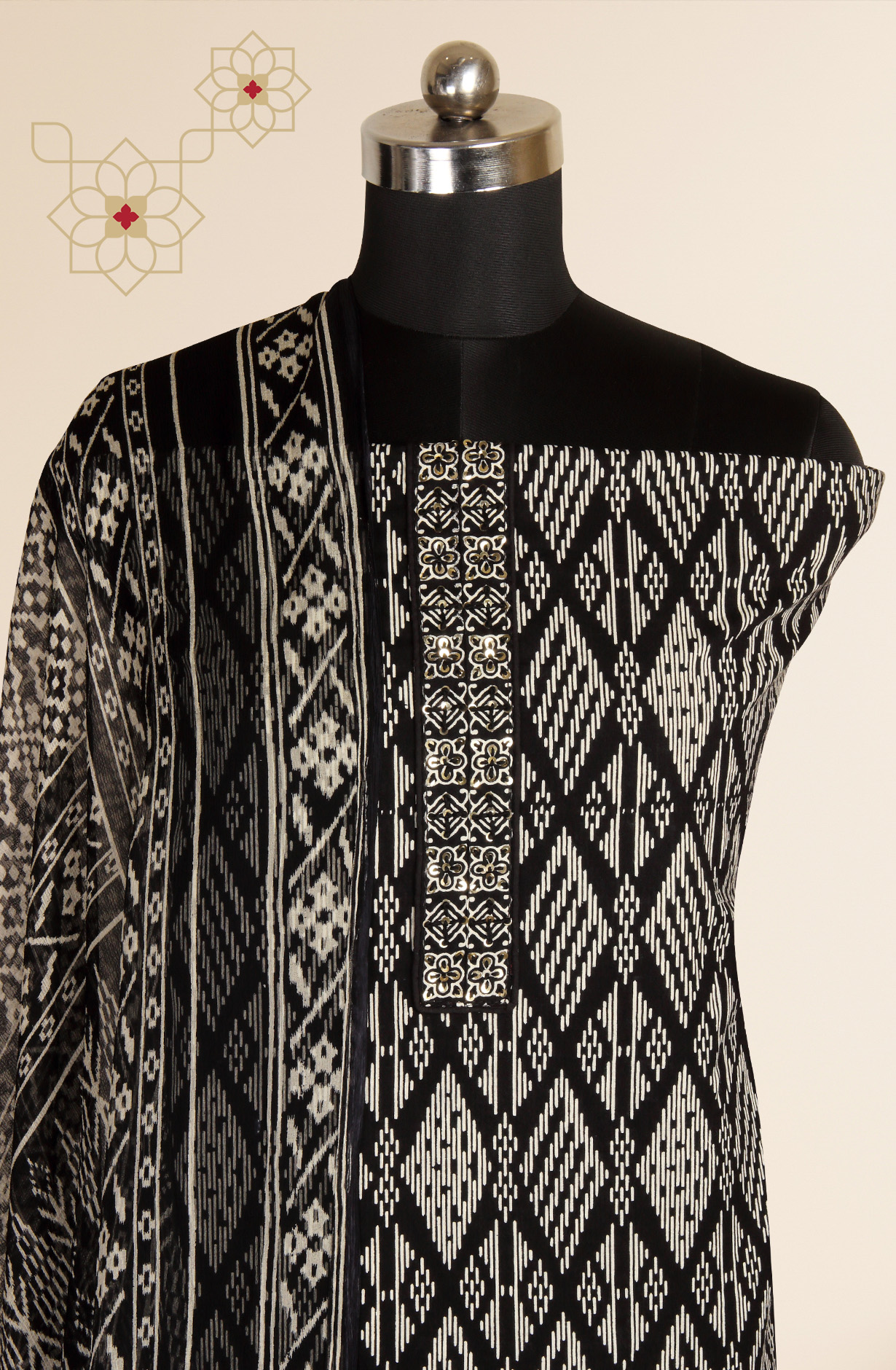 Black Cotton Printed Unstitched Salwar Kameez with Chiffon Dupatta - 927-BLACKNECK-2A