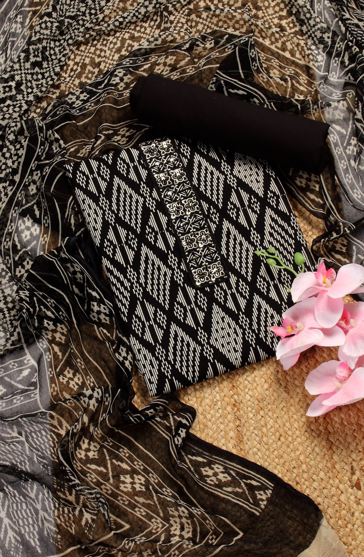 Black Cotton Printed Unstitched Salwar Kameez with Chiffon Dupatta - 927-BLACKNECK-2A