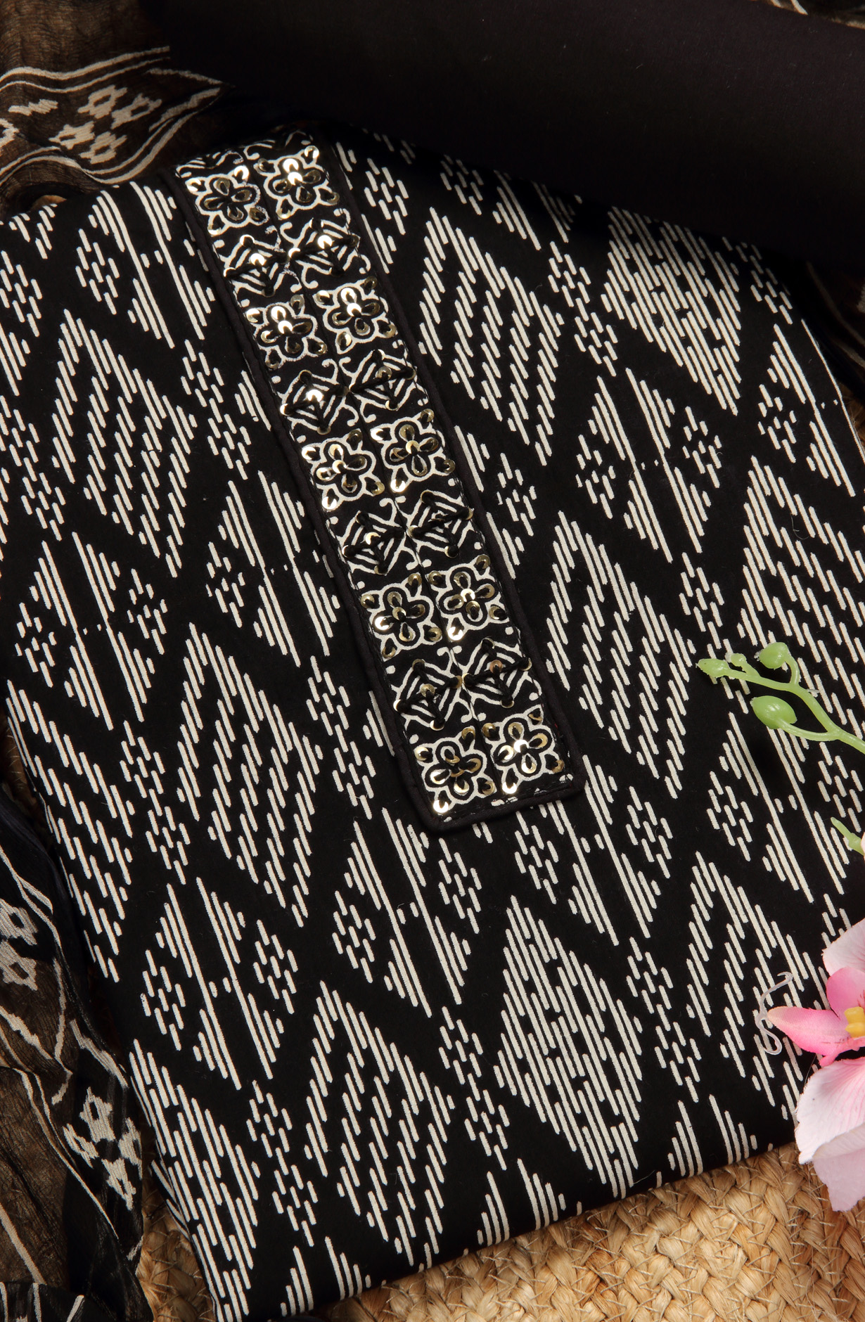 Black Cotton Printed Unstitched Salwar Kameez with Chiffon Dupatta - 927-BLACKNECK-2A