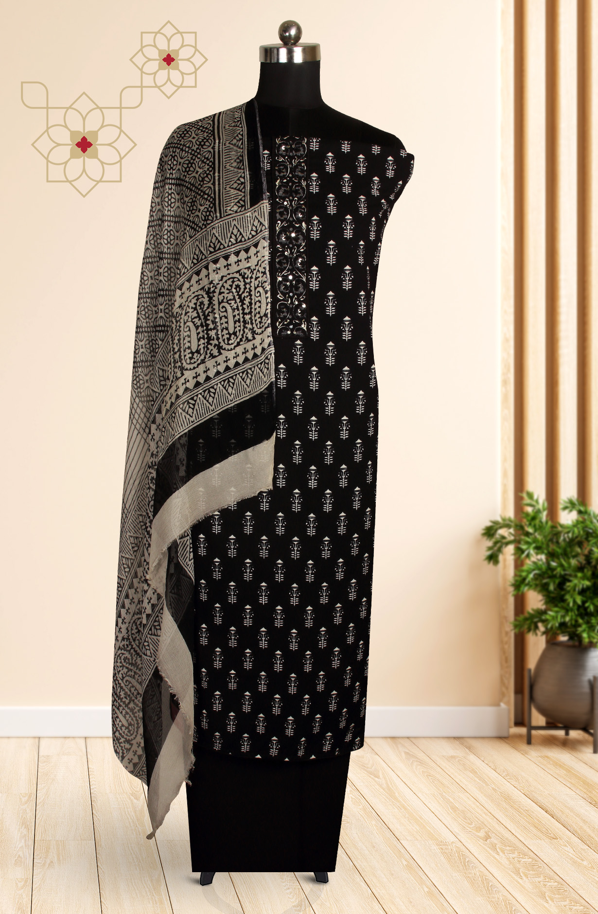 Black Cotton Printed Unstitched Salwar Suit with Chiffon Dupatta - 927-BLACKNECK-3A