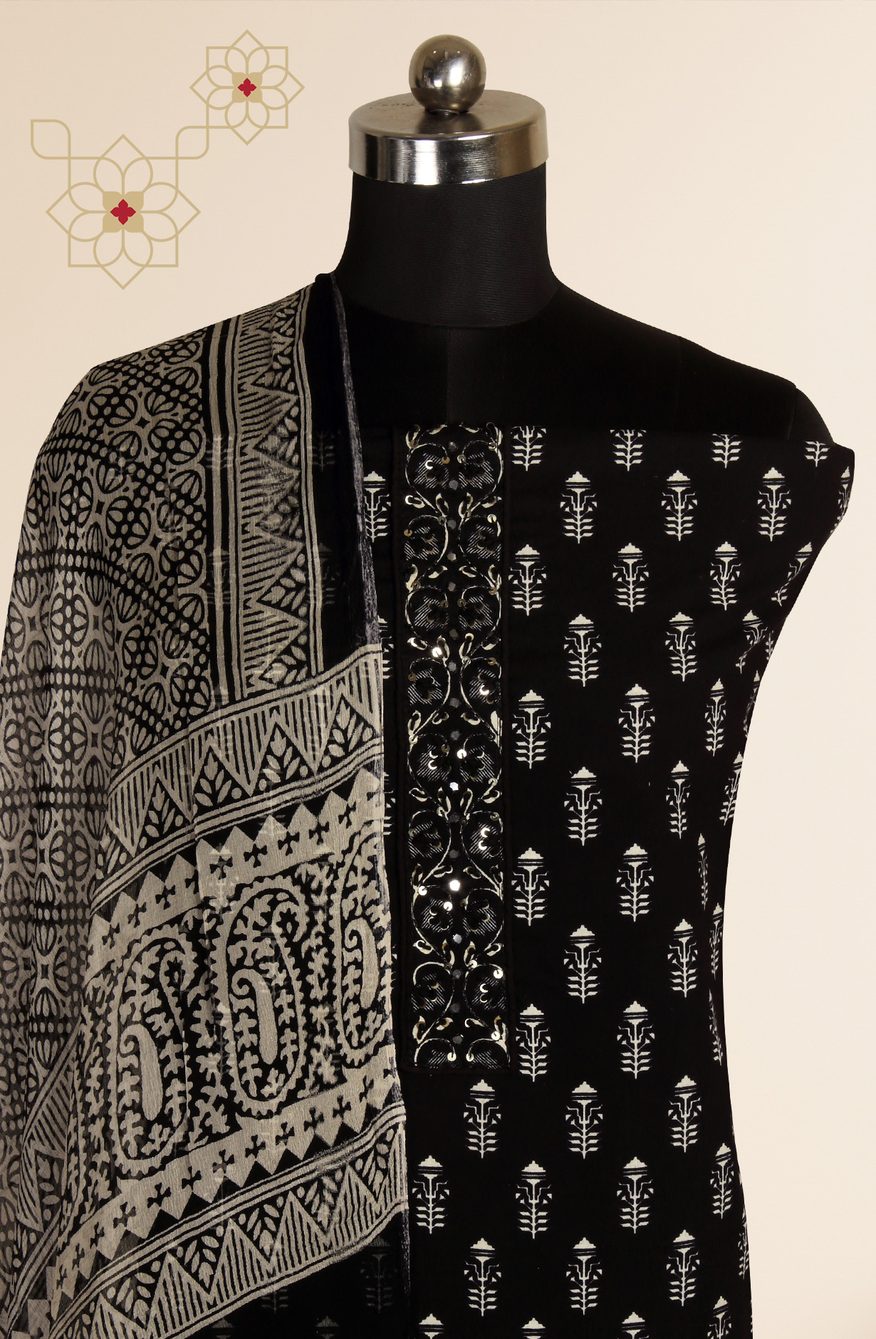 Black Cotton Printed Unstitched Salwar Suit with Chiffon Dupatta - 927-BLACKNECK-3A