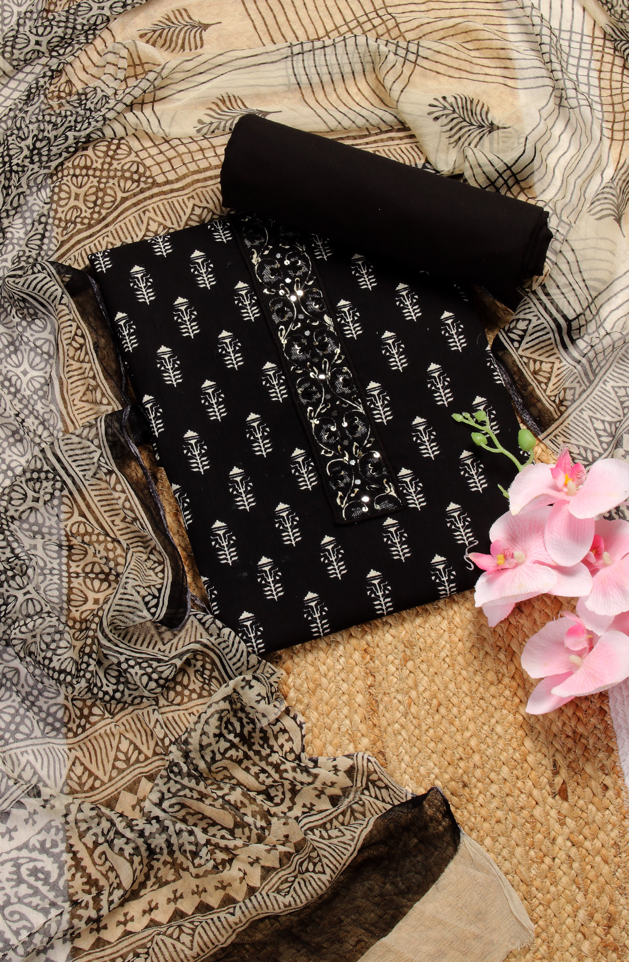Black Cotton Printed Unstitched Salwar Suit with Chiffon Dupatta - 927-BLACKNECK-3A