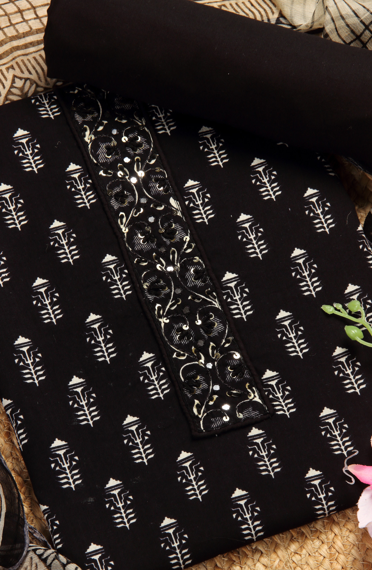 Black Cotton Printed Unstitched Salwar Suit with Chiffon Dupatta - 927-BLACKNECK-3A