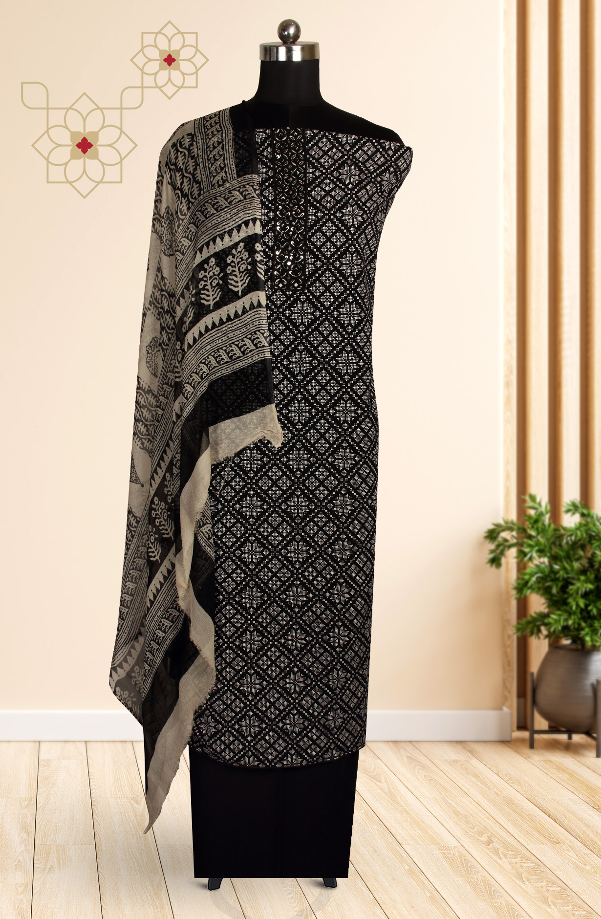 Black Cotton Printed Unstitched Dress Material with Chiffon Dupatta - 927-BLACKNECK-4A