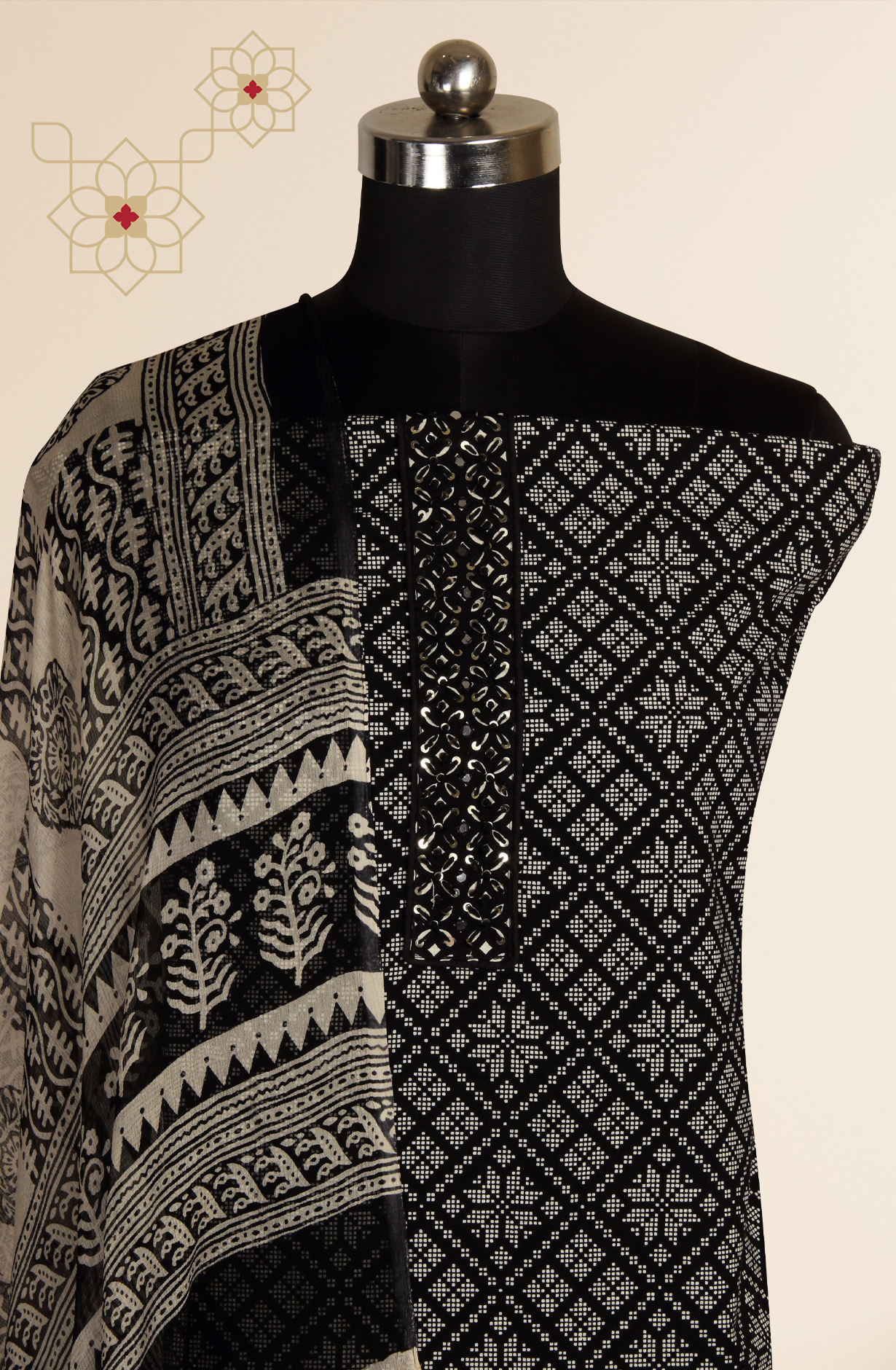 Black Cotton Printed Unstitched Dress Material with Chiffon Dupatta - 927-BLACKNECK-4A