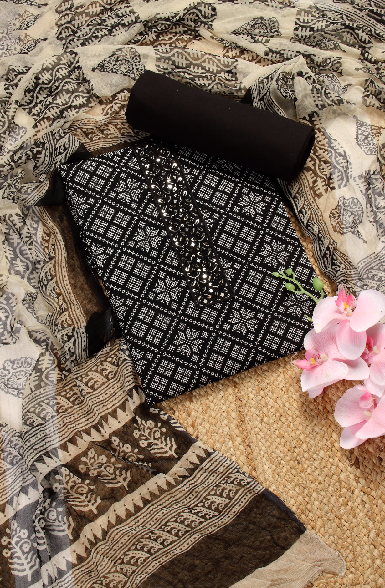 Black Cotton Printed Unstitched Dress Material with Chiffon Dupatta - 927-BLACKNECK-4A