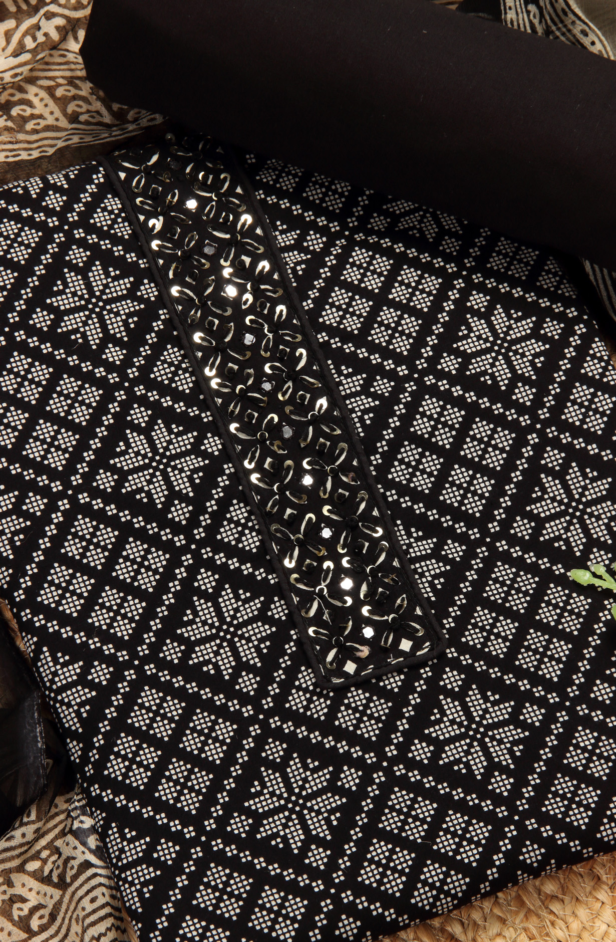 Black Cotton Printed Unstitched Dress Material with Chiffon Dupatta - 927-BLACKNECK-4A