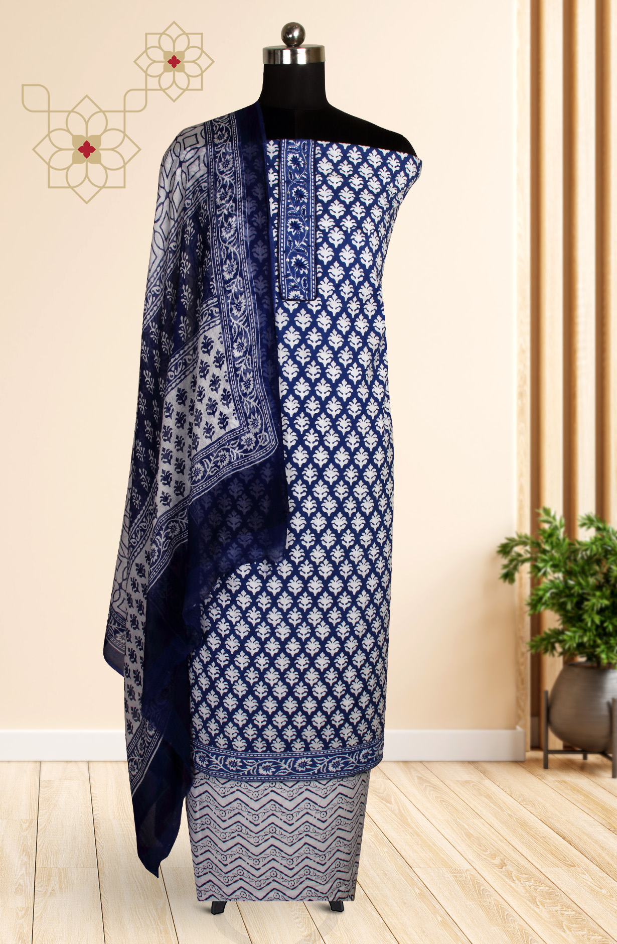 Indigo Blue Cotton Printed Unstitched Salwar Suit with Chiffon Dupatta - 927-BLUENECK-4A