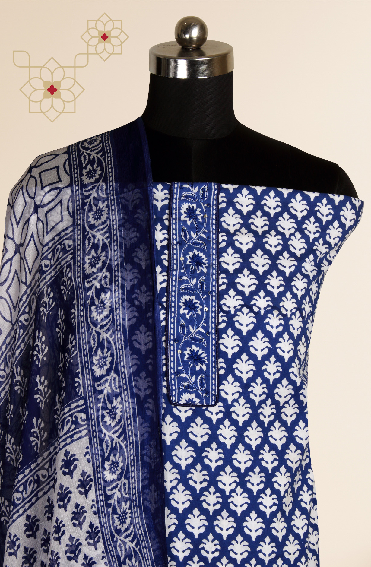 Indigo Blue Cotton Printed Unstitched Salwar Suit with Chiffon Dupatta - 927-BLUENECK-4A