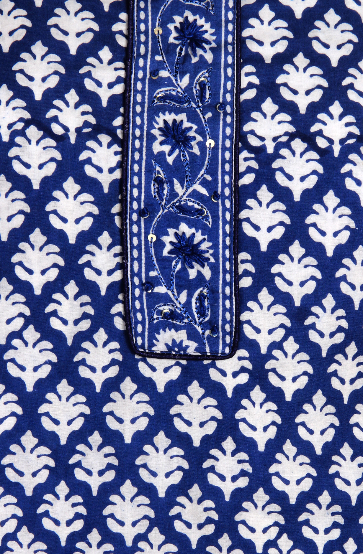 Indigo Blue Cotton Printed Unstitched Salwar Suit with Chiffon Dupatta - 927-BLUENECK-4A