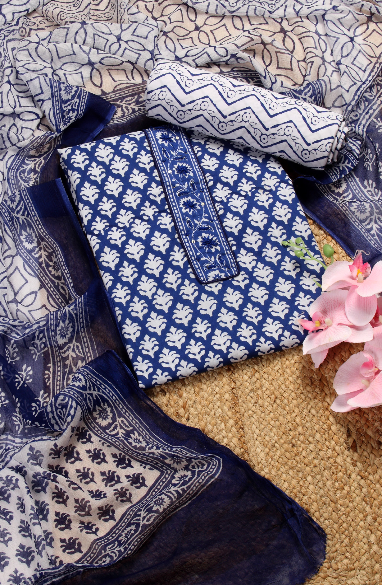 Indigo Blue Cotton Printed Unstitched Salwar Suit with Chiffon Dupatta - 927-BLUENECK-4A