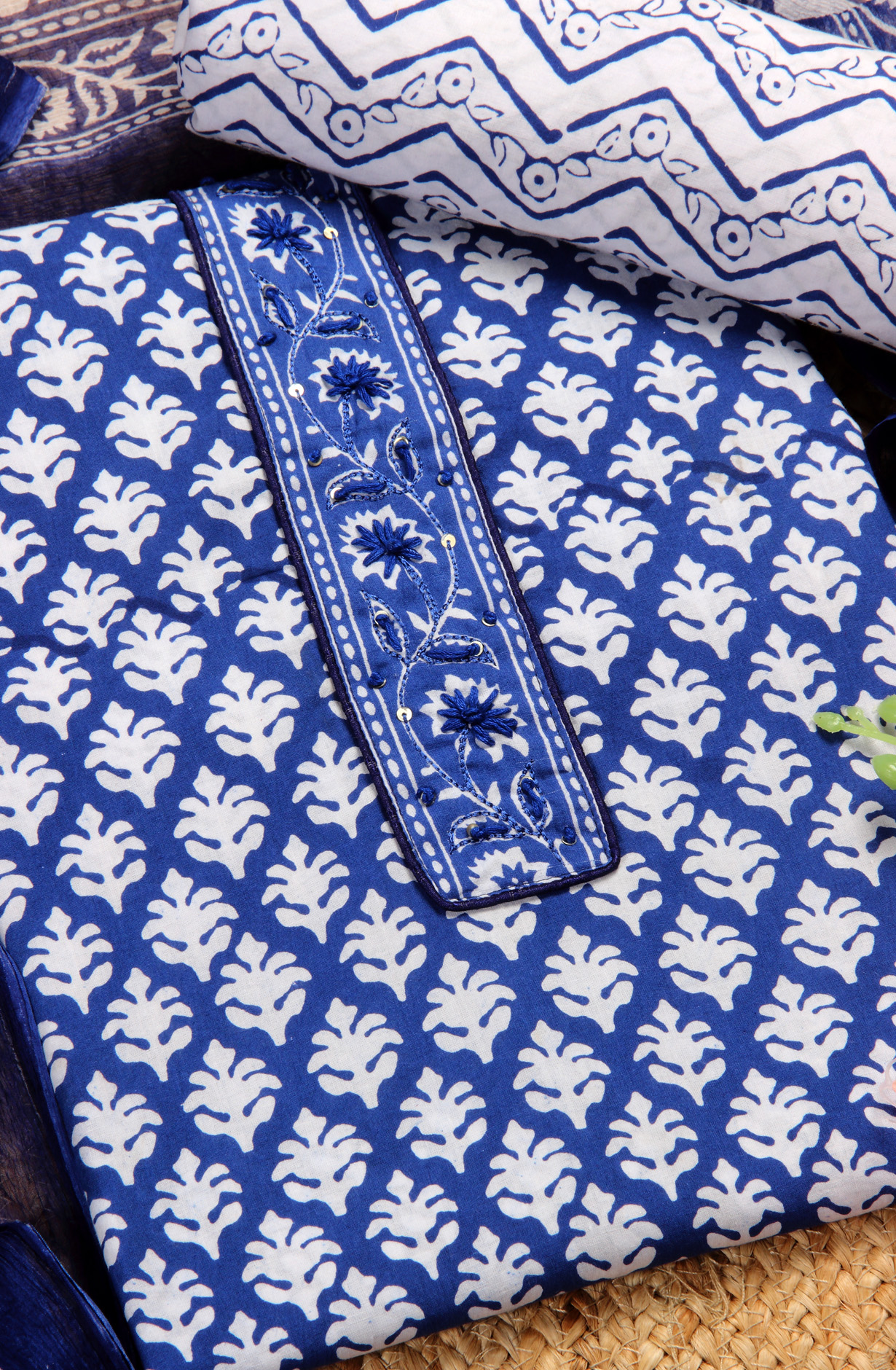 Indigo Blue Cotton Printed Unstitched Salwar Suit with Chiffon Dupatta - 927-BLUENECK-4A