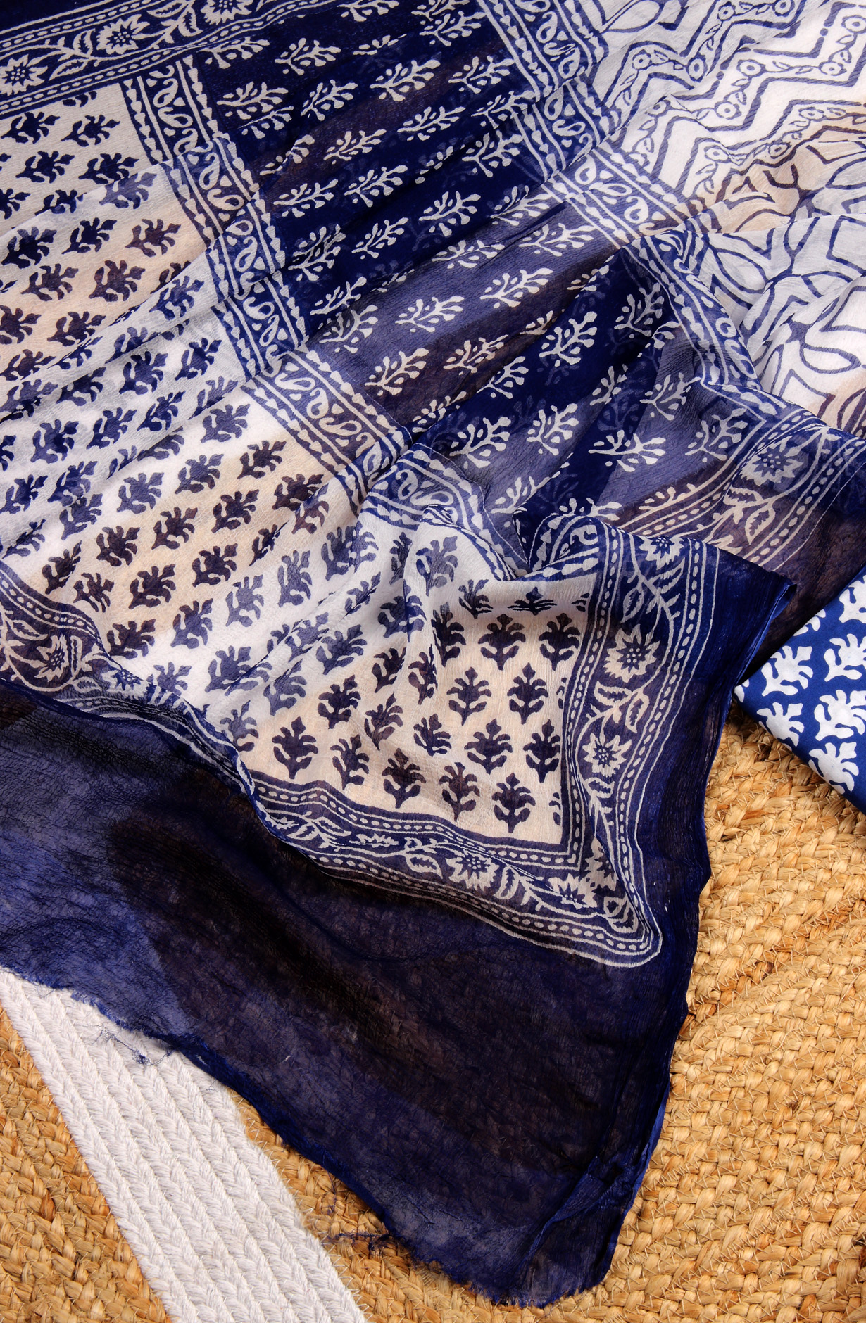 Indigo Blue Cotton Printed Unstitched Salwar Suit with Chiffon Dupatta - 927-BLUENECK-4A