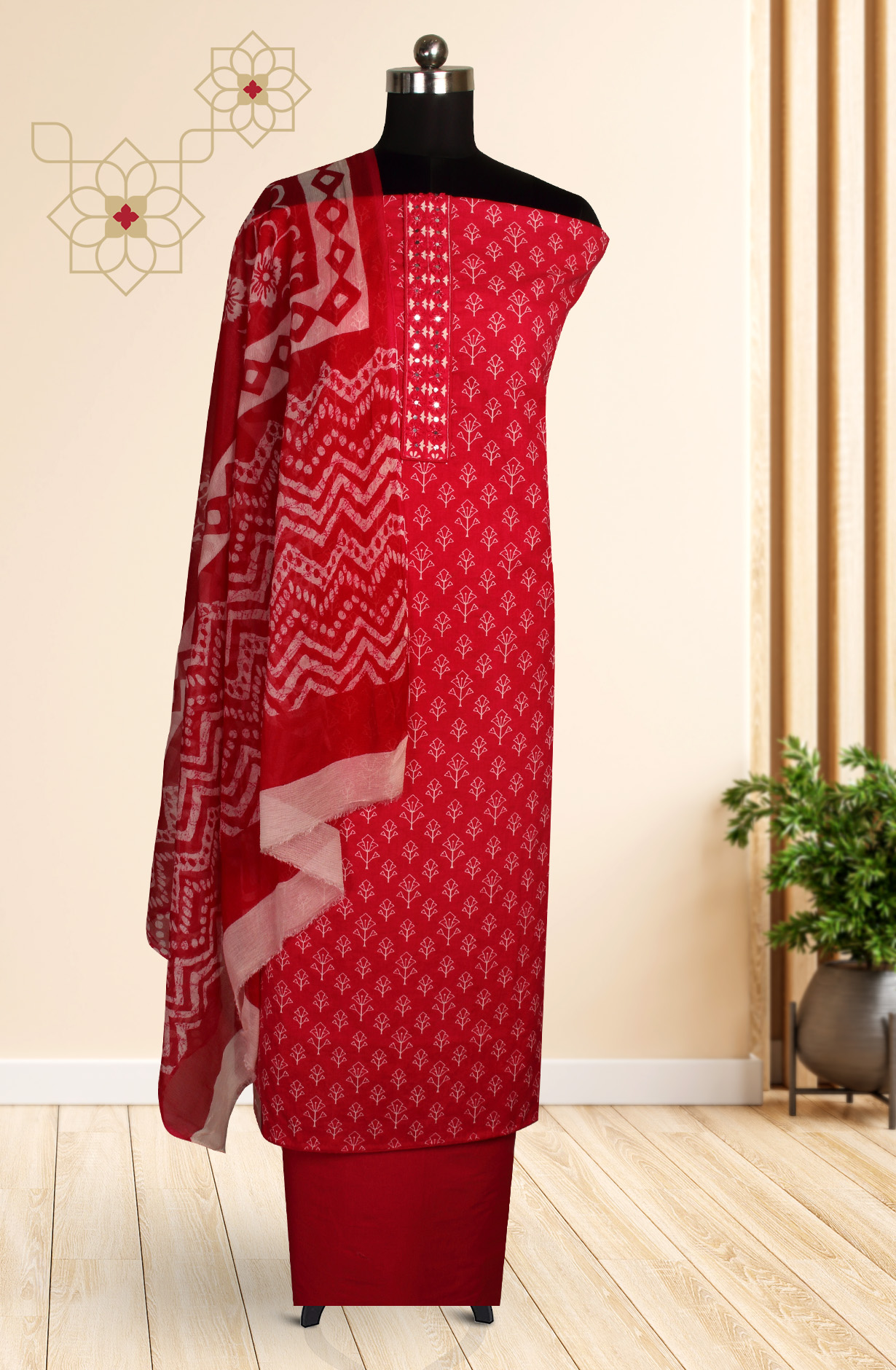 Magenta Cotton Printed Unstitched Dress Material with Chiffon Dupatta - 927-RANINECK-3A