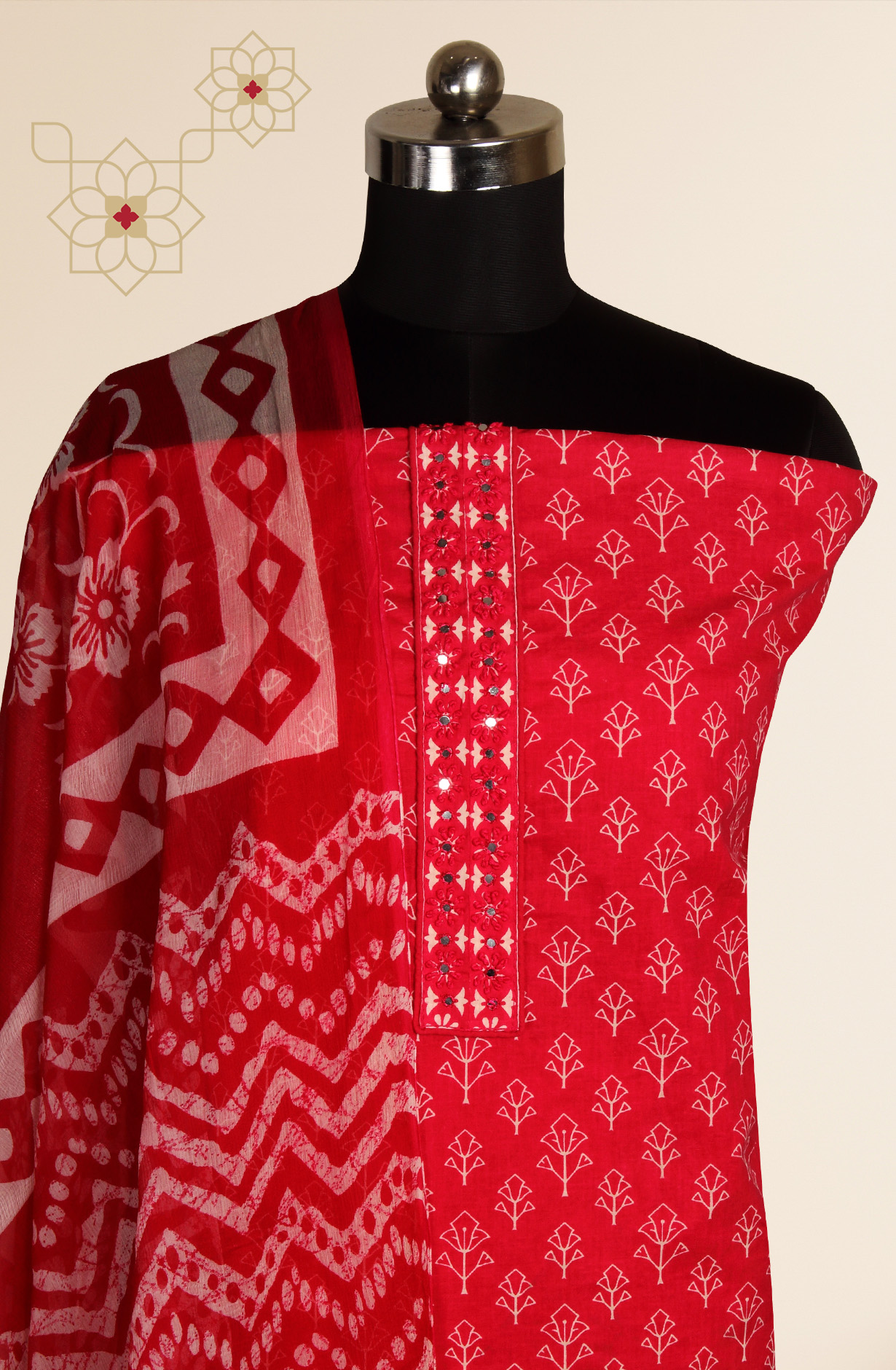 Magenta Cotton Printed Unstitched Dress Material with Chiffon Dupatta - 927-RANINECK-3A