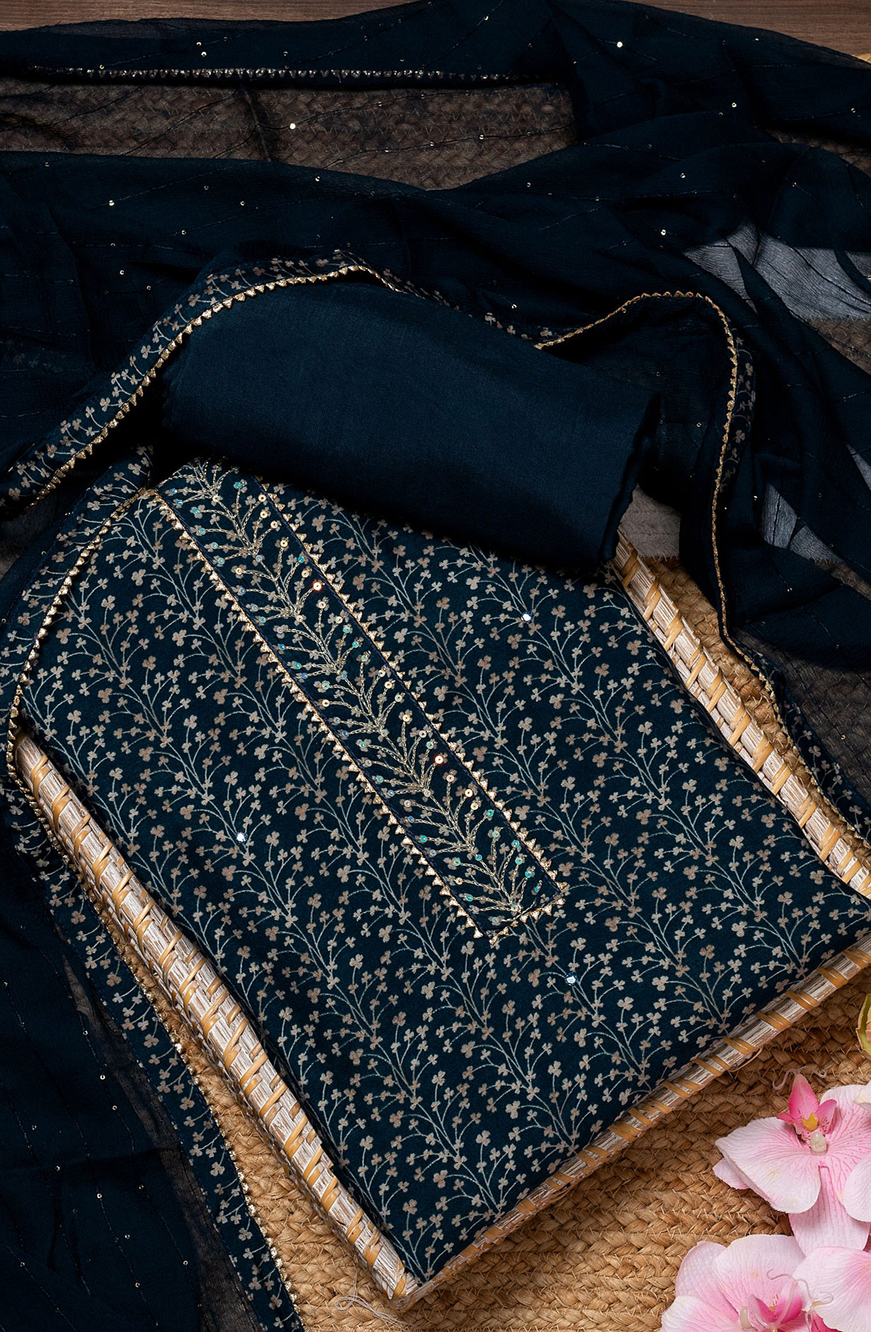 Teal Modal Silk Salwar Kameez with Chiffon Dupatta - 912-YRT09713