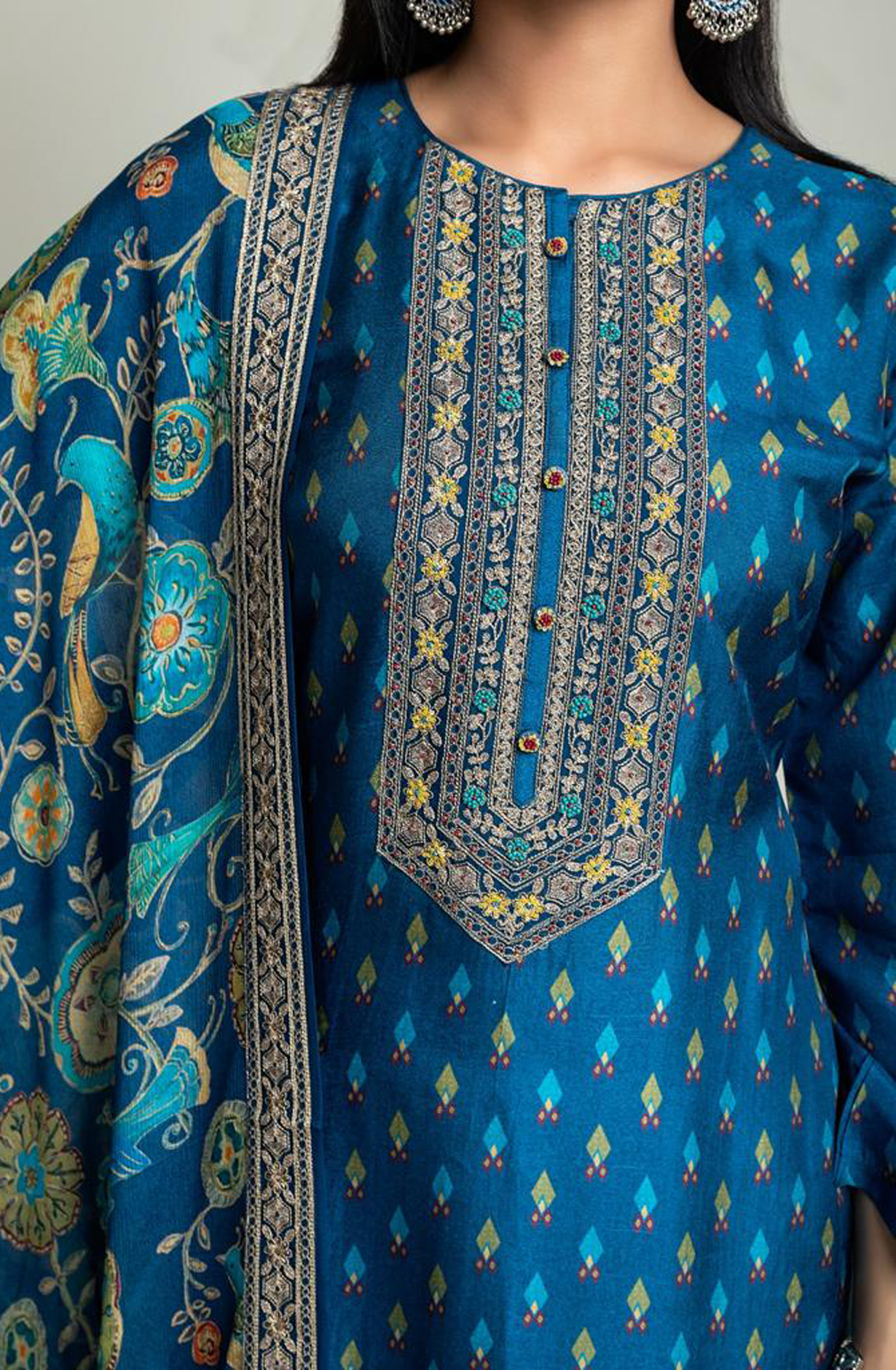 Designer Russian Silk Teal Unstitched Suit with Chinon Dupatta - R157-SPR1624