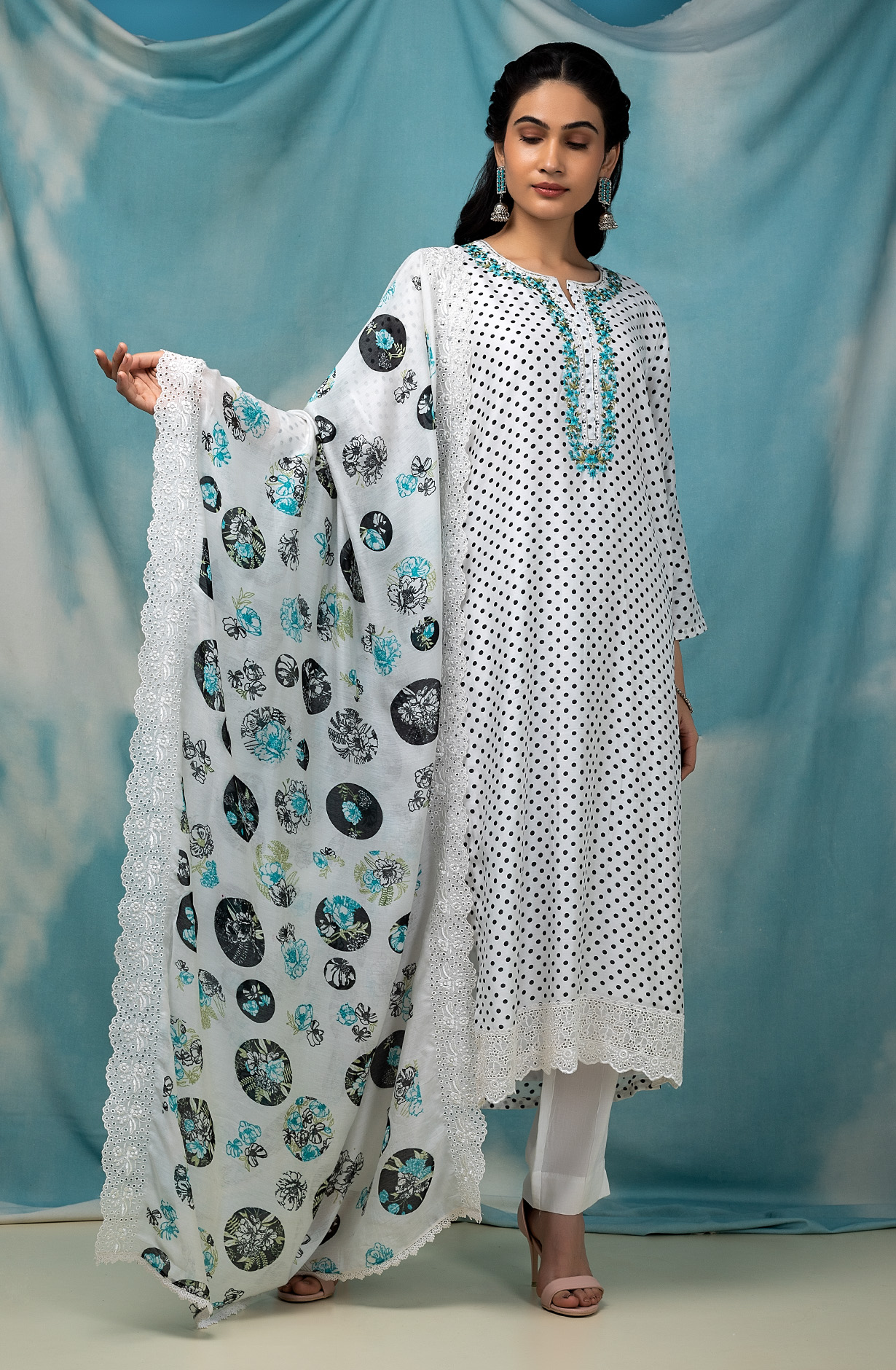 White and Black Muslin Beautiful Digital Printed Salwar Kameez - LAC1865B