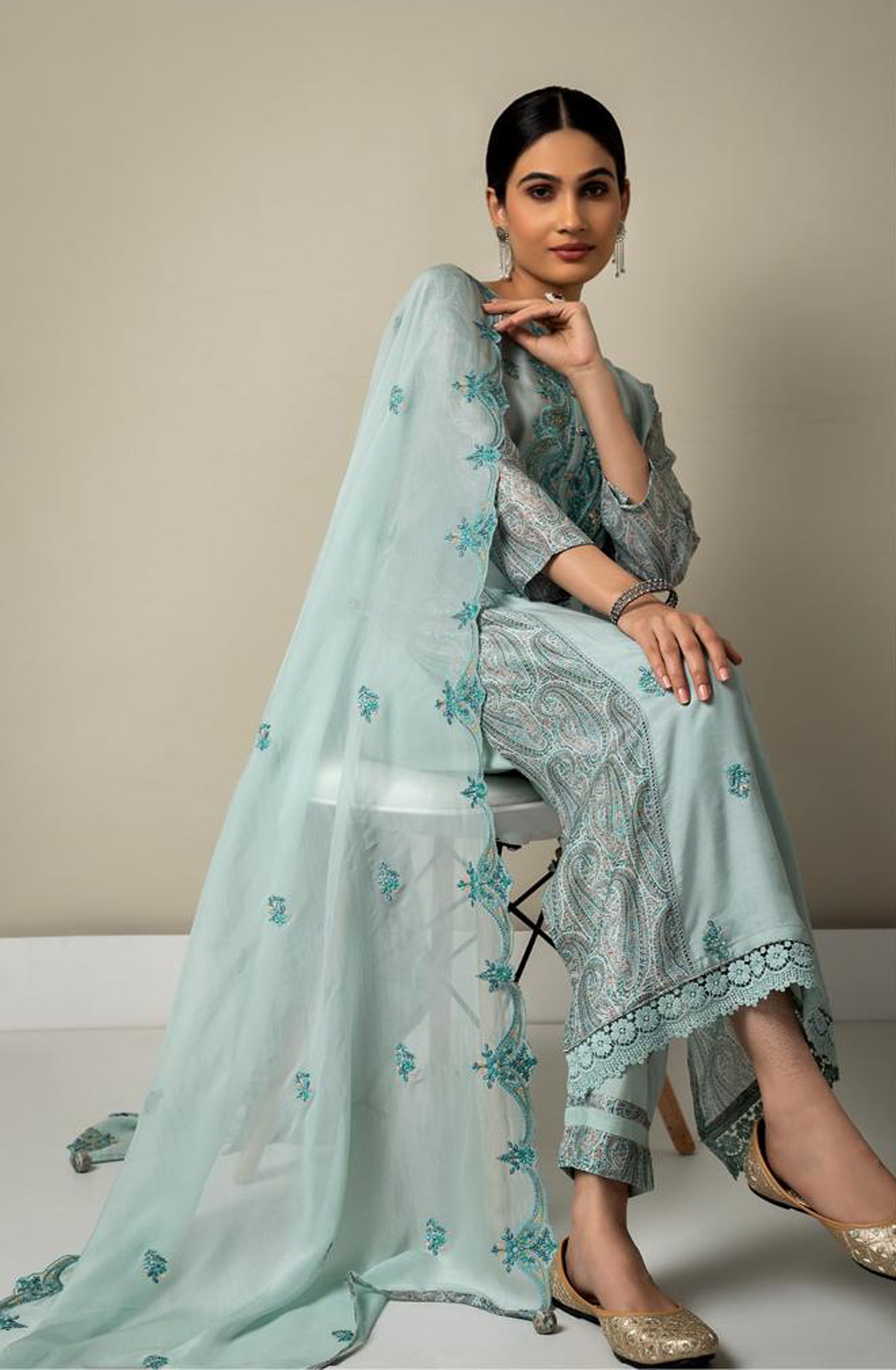 Sea Green Muslin Beautiful Festive Salwar Kameez with Organza Dupatta - R157-SPR1540C