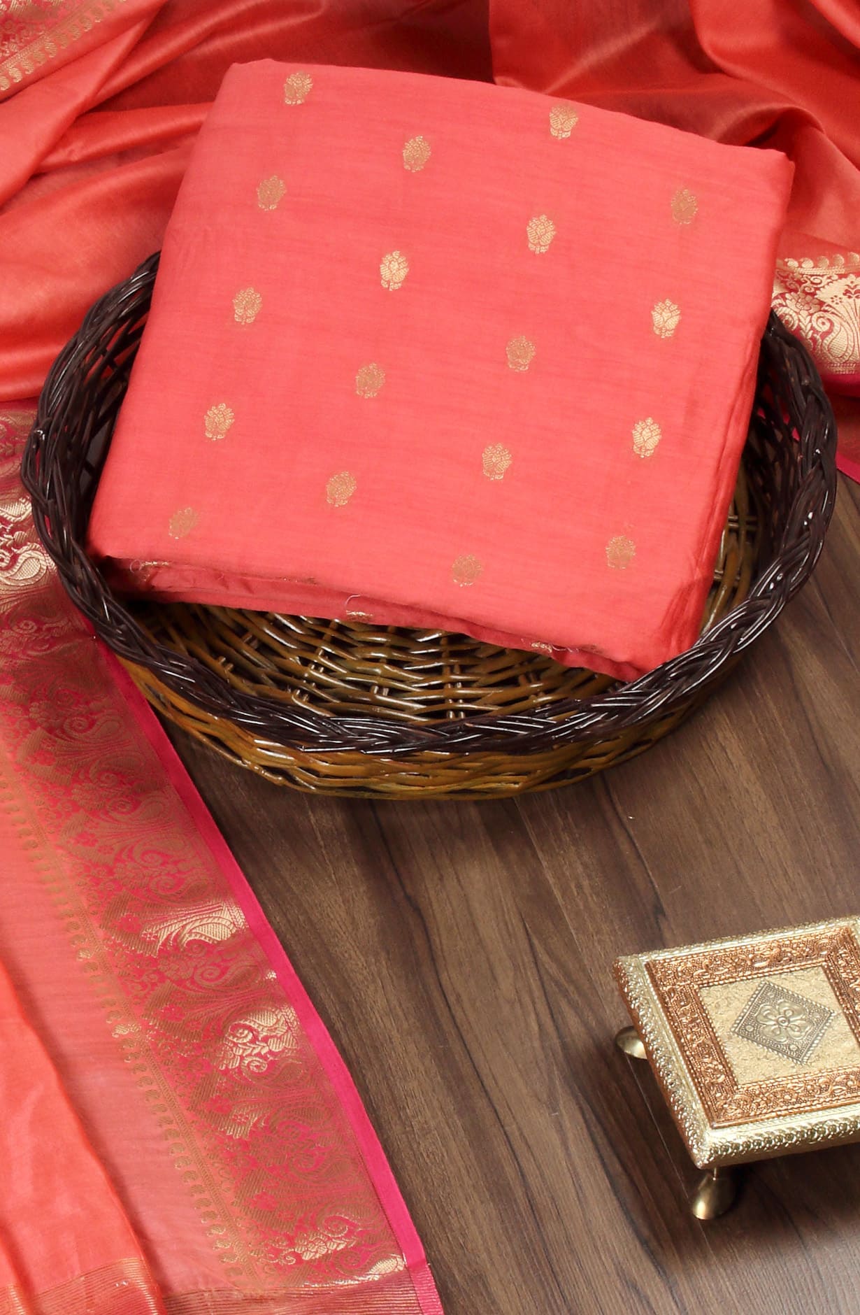 Coral Chanderi Unstitched Festive Wear Suit - 942-2550B