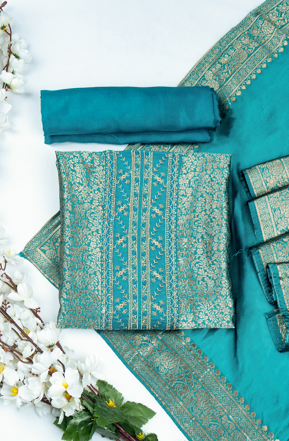 Turquoise Banarsi Brocket Beautiful Suit Set with Dupatta - 944-11092B