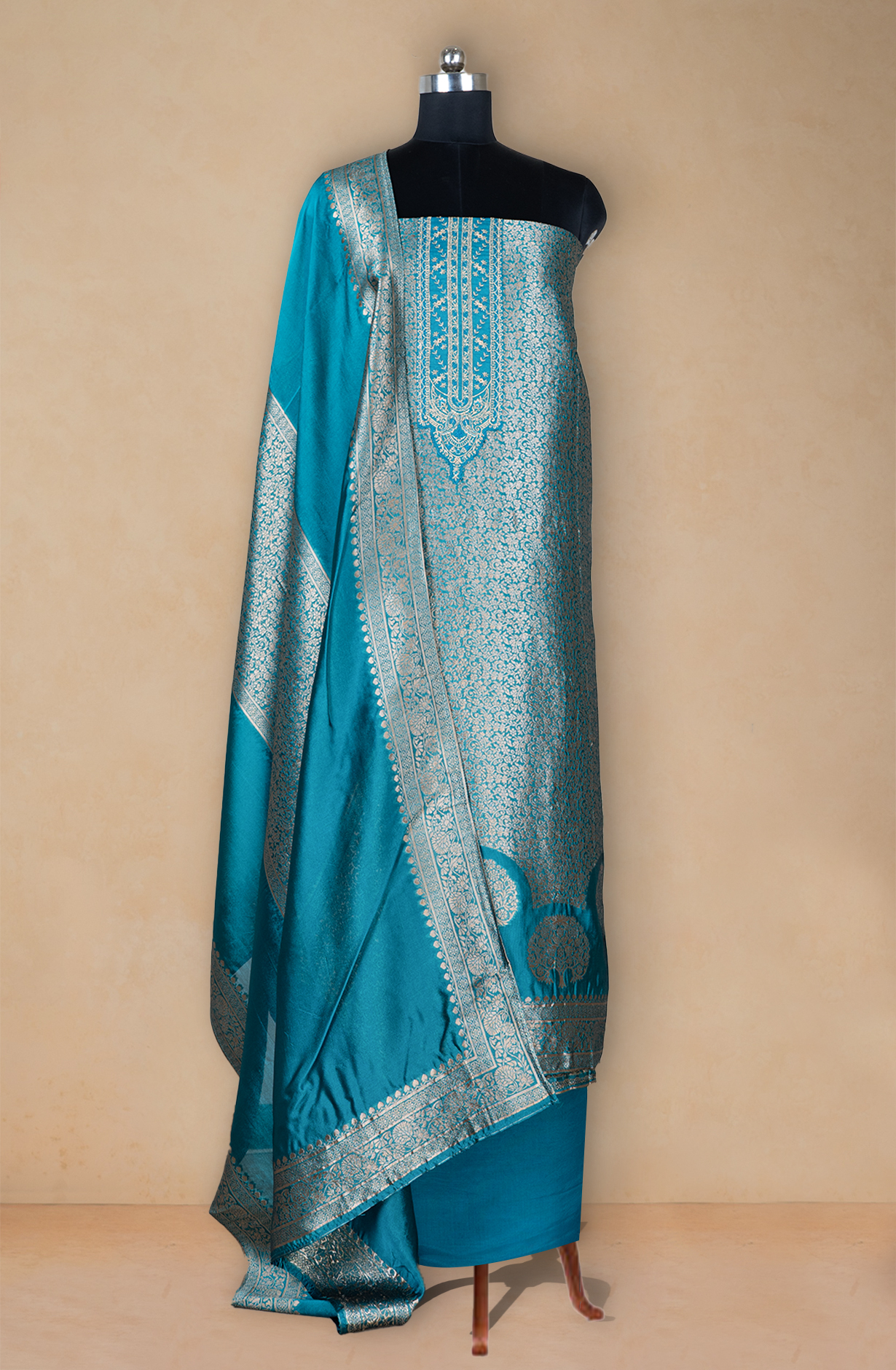 Turquoise Banarsi Brocket Beautiful Suit Set with Dupatta - 944-11092B