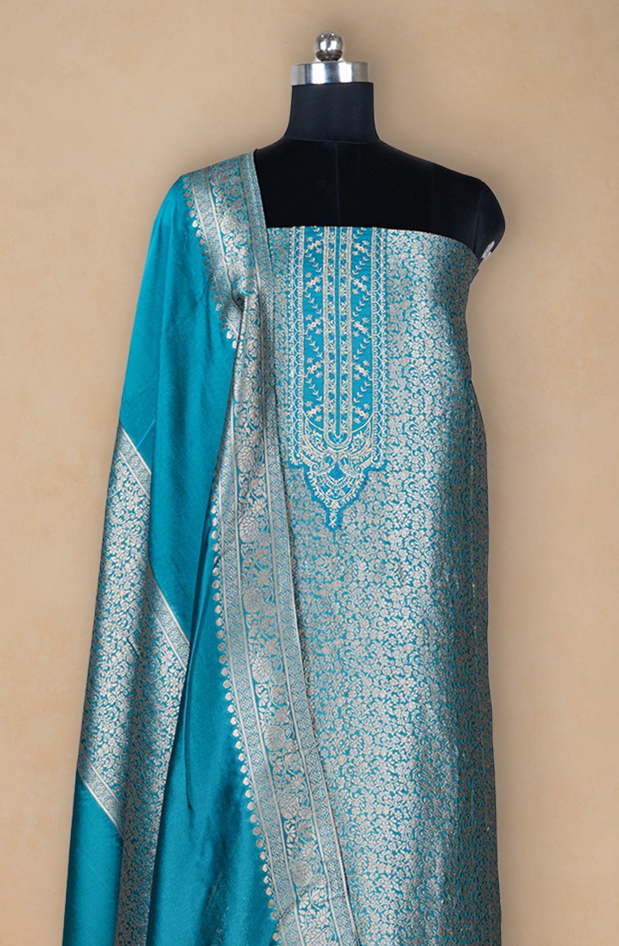 Turquoise Banarsi Brocket Beautiful Suit Set with Dupatta - 944-11092B